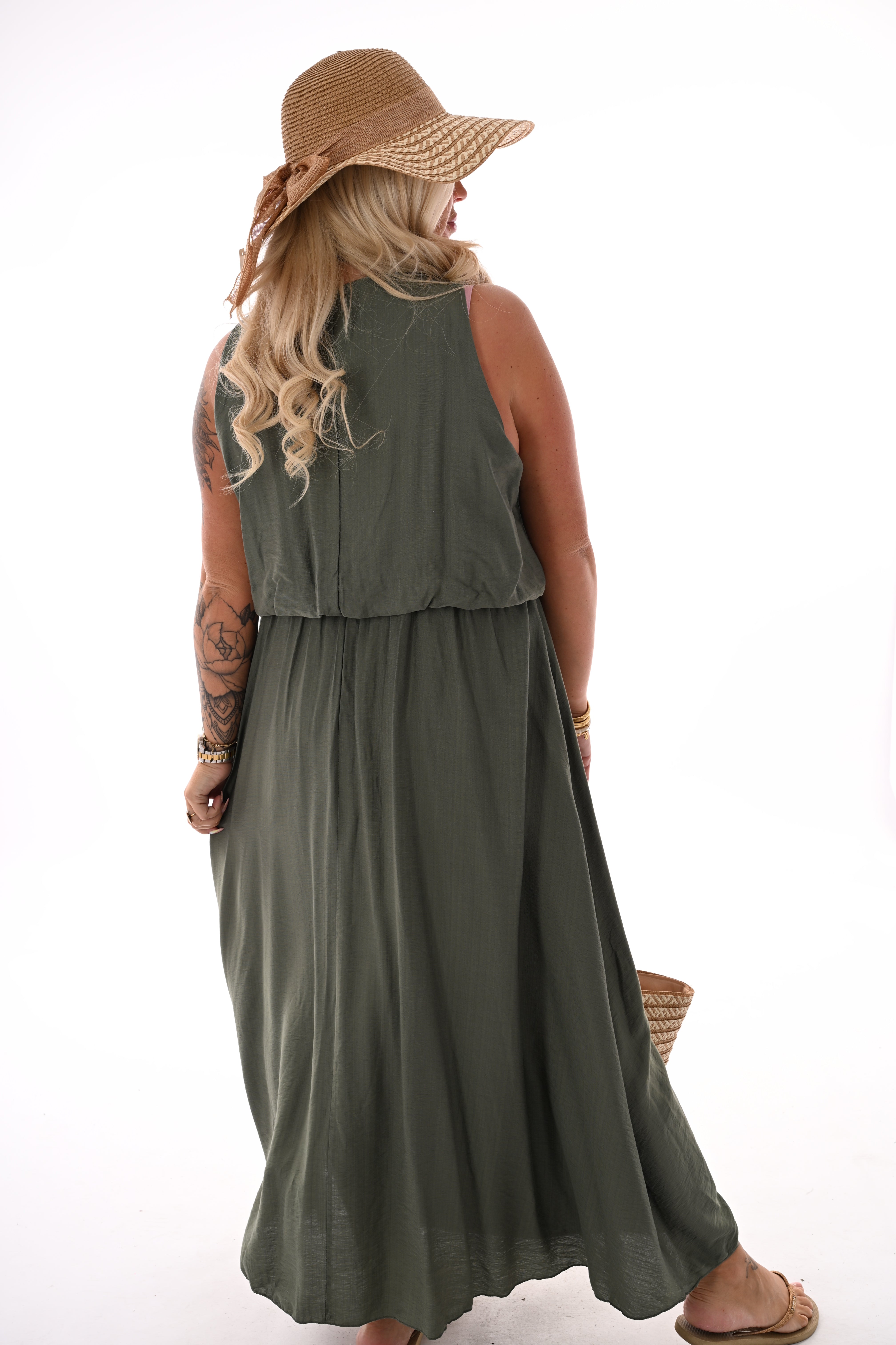 Lange jurk ballon fit uni legergroen