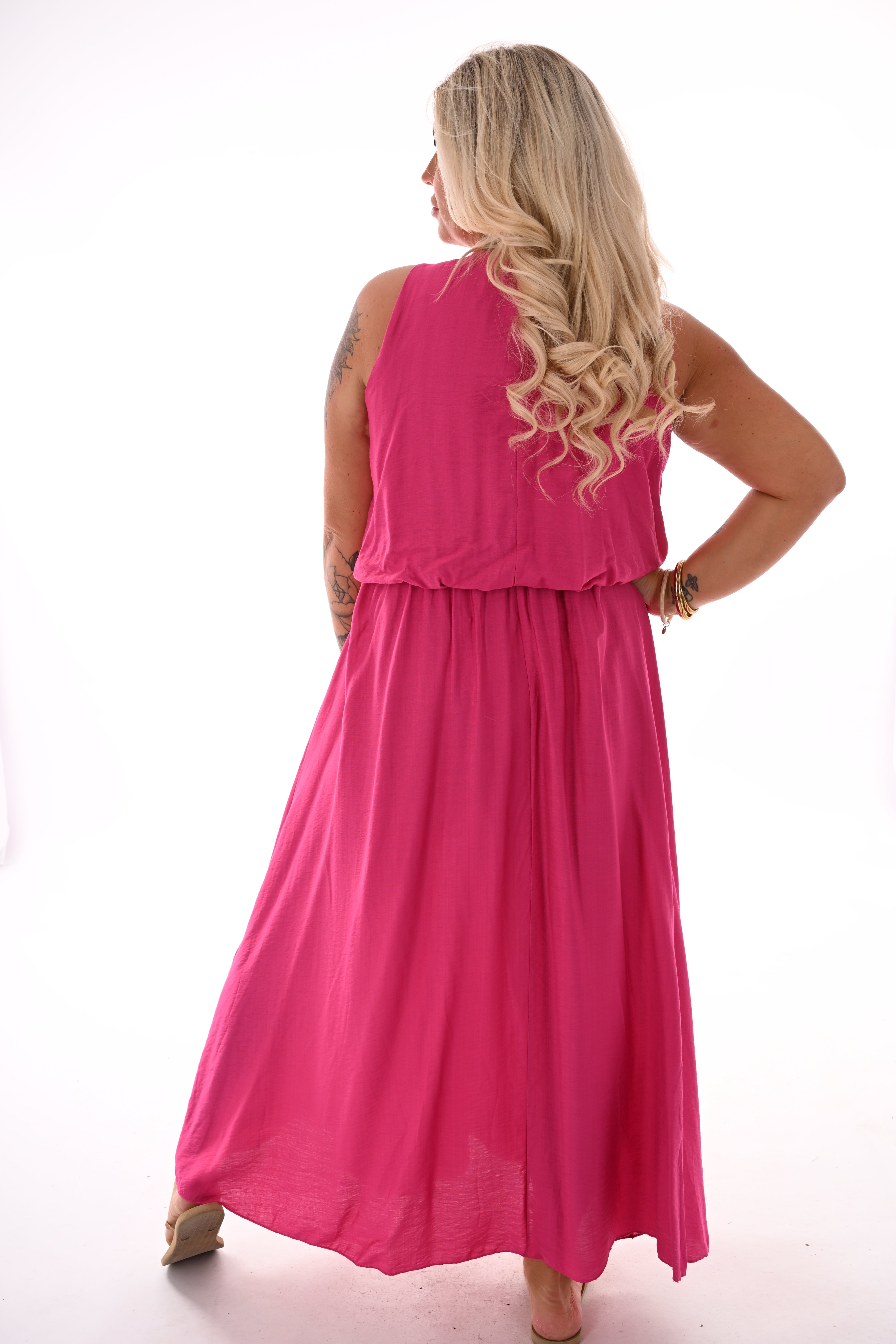 Lange jurk ballon fit uni donkerroze