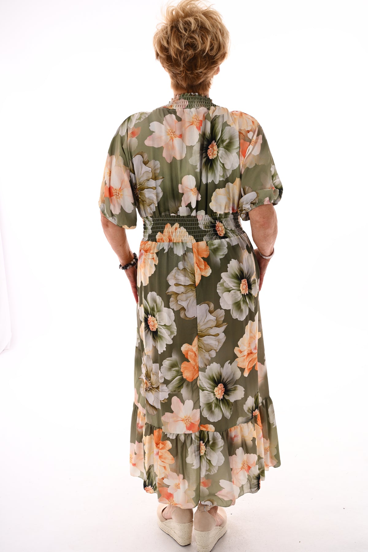 Lange jurk v-hals smock korte mouwen legergroen