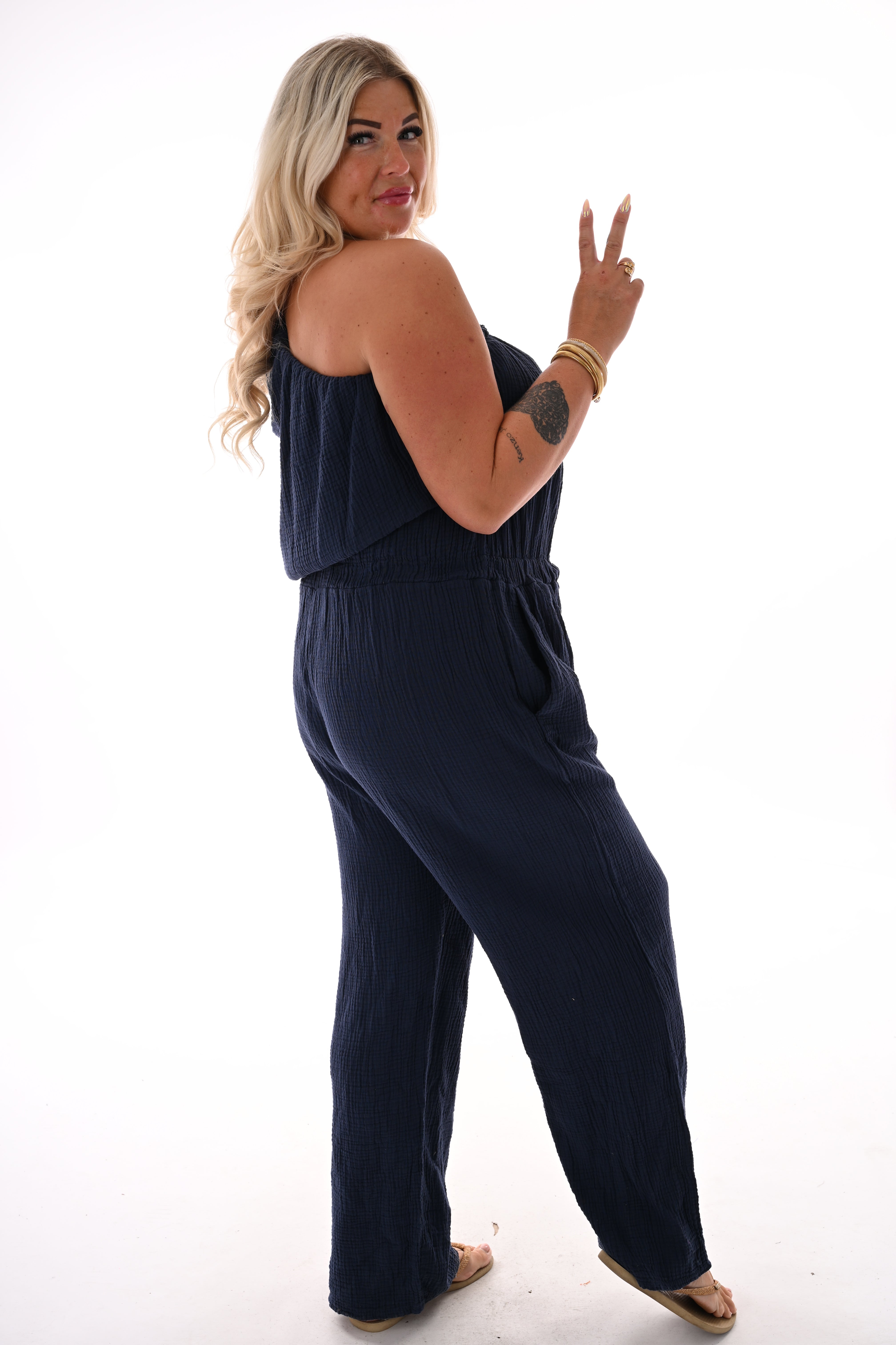 Wafel jumpsuit one sleeve marineblauw