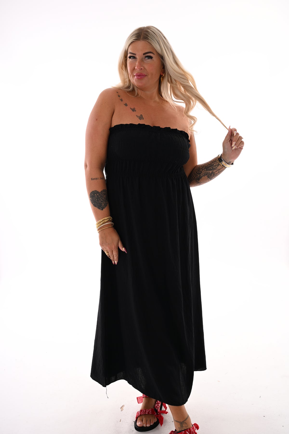 Off-shoulder jurk met smock zwart