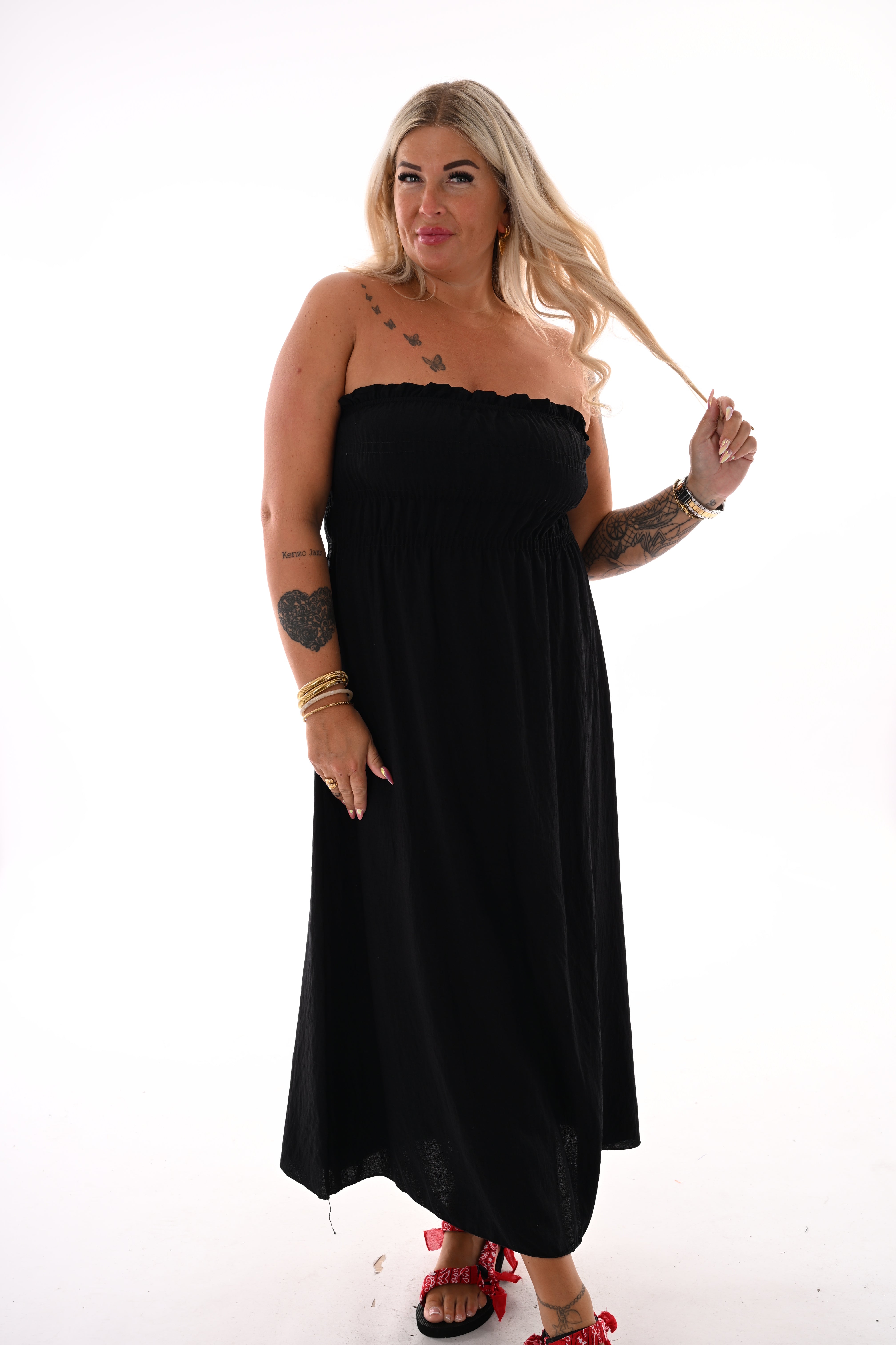 Off-shoulder jurk met smock zwart