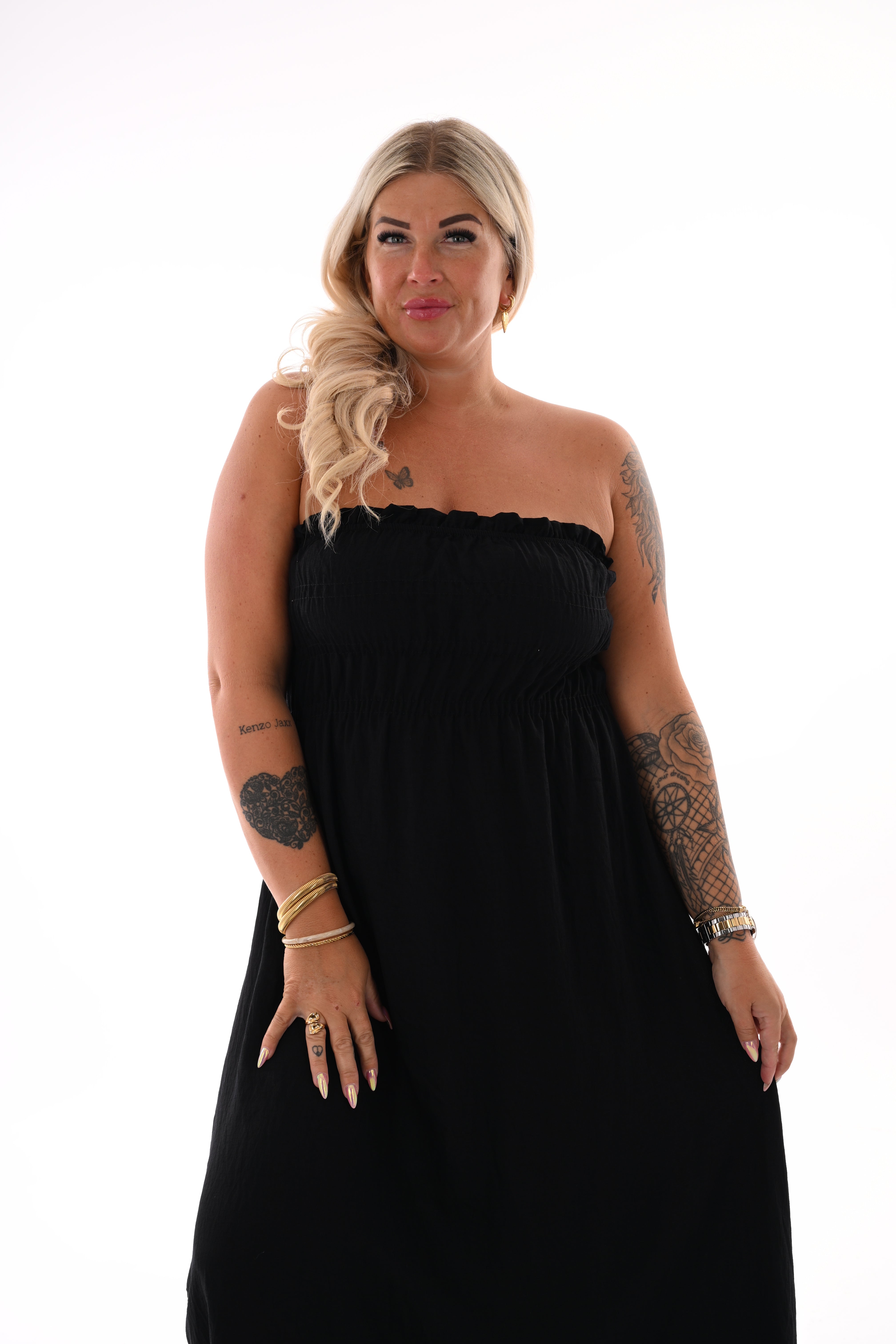 Off-shoulder jurk met smock zwart