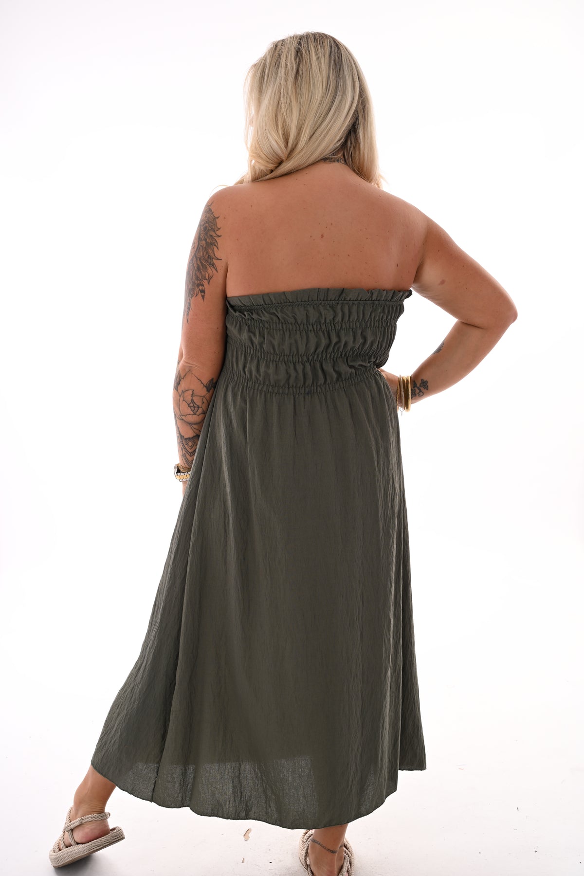 Off-shoulder jurk met smock legergroen
