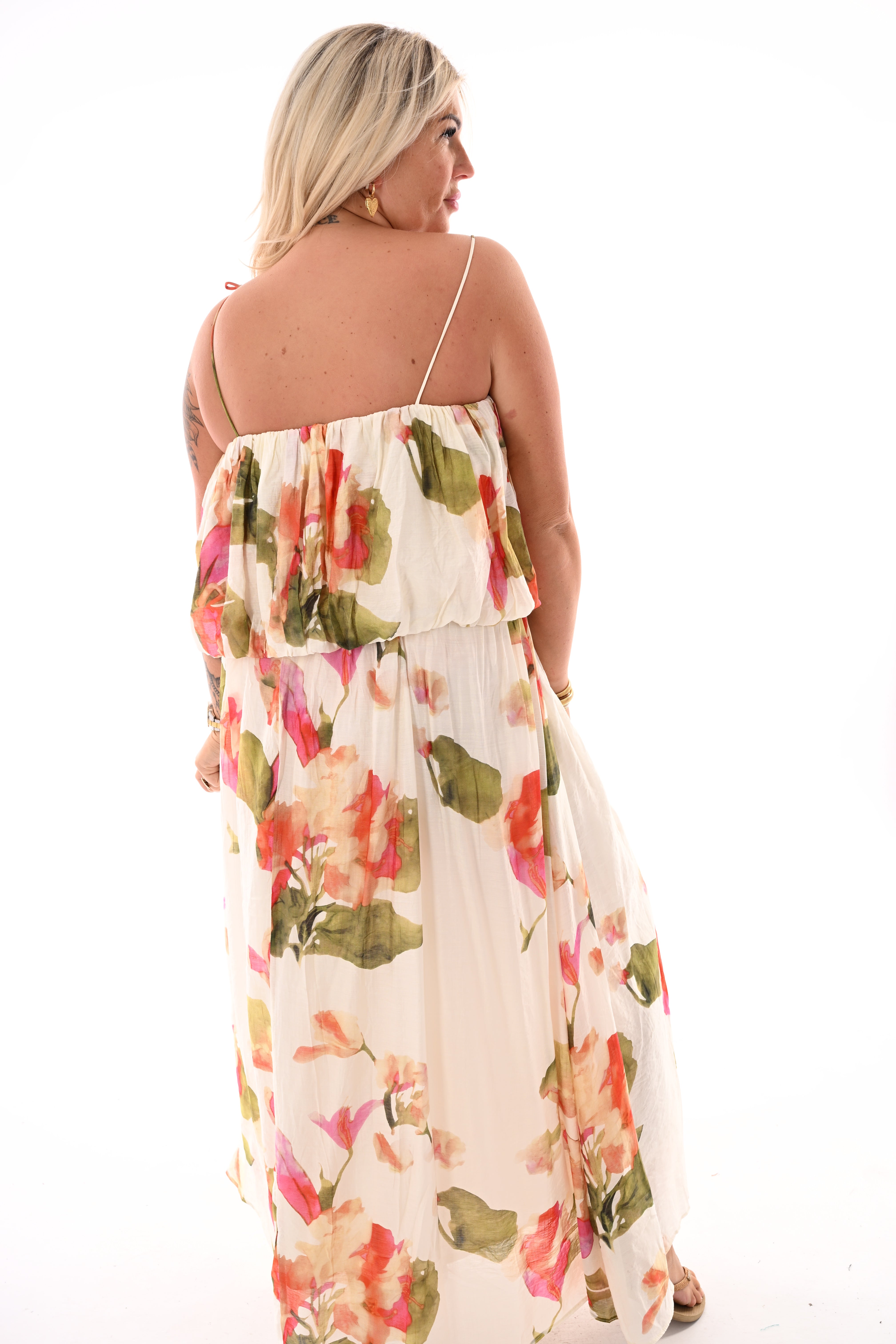 Jurk off-shoulder bloemen beige