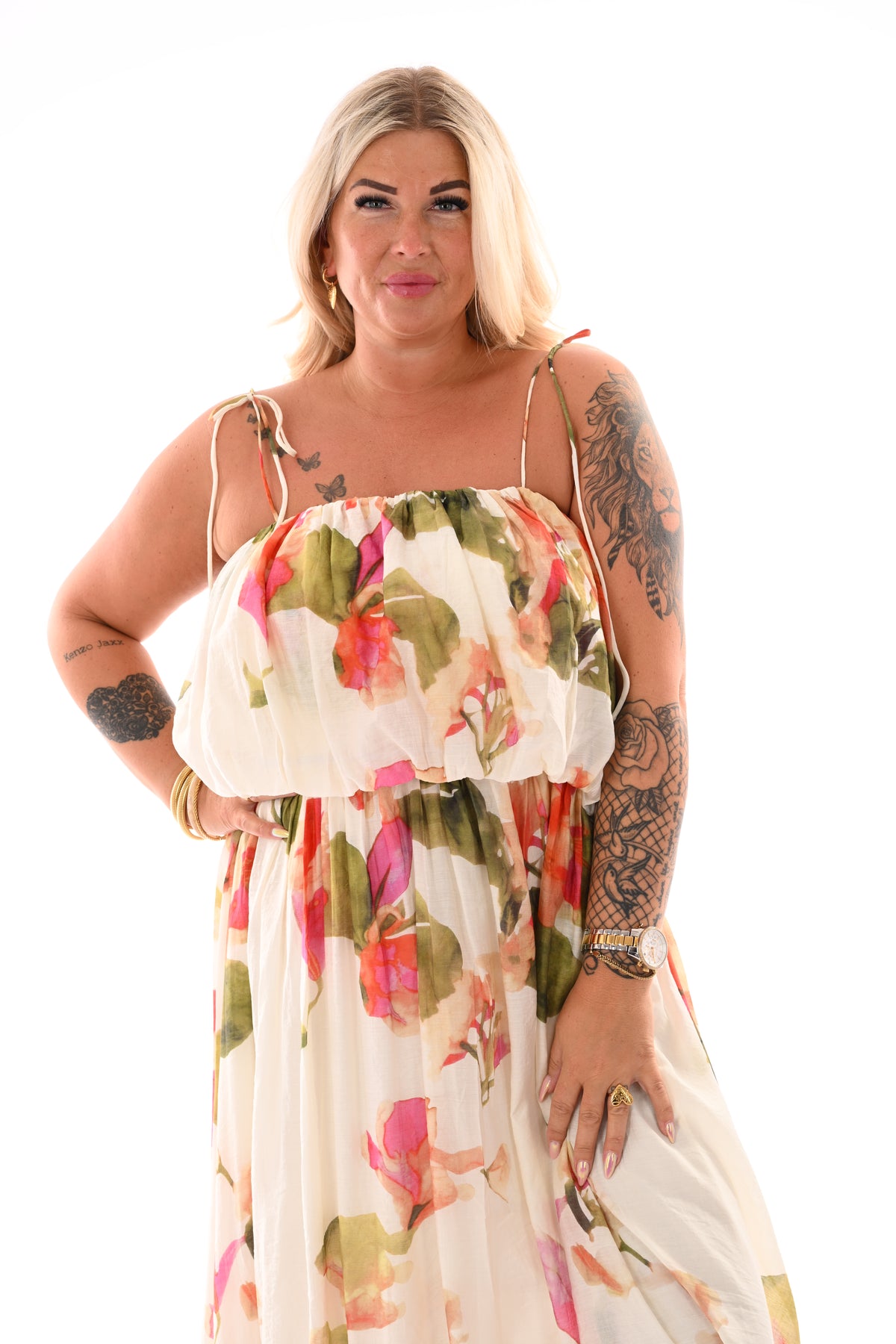 Jurk off-shoulder bloemen beige