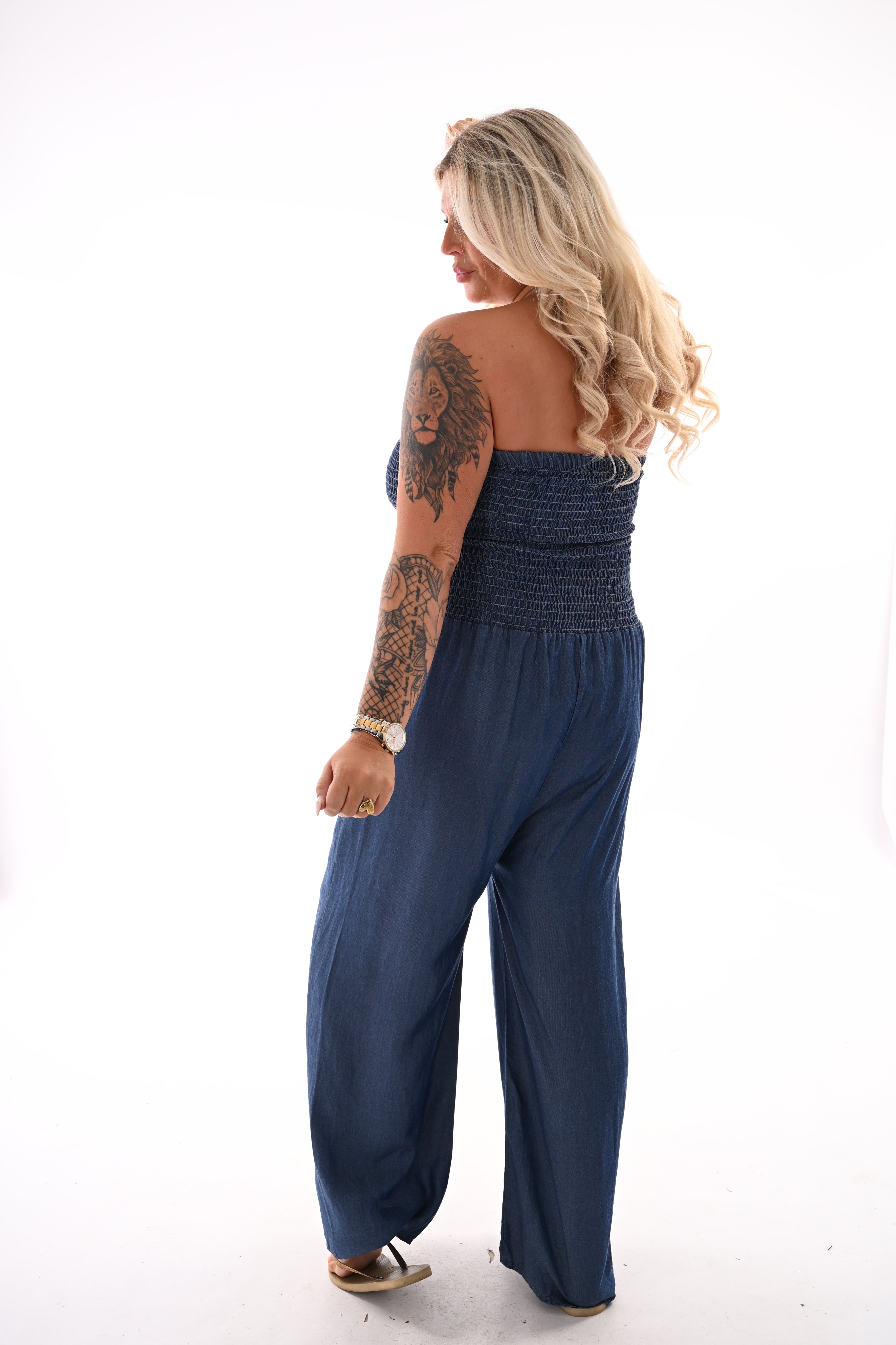 Off-shoulder jumpsuit denimlook donkerblauw