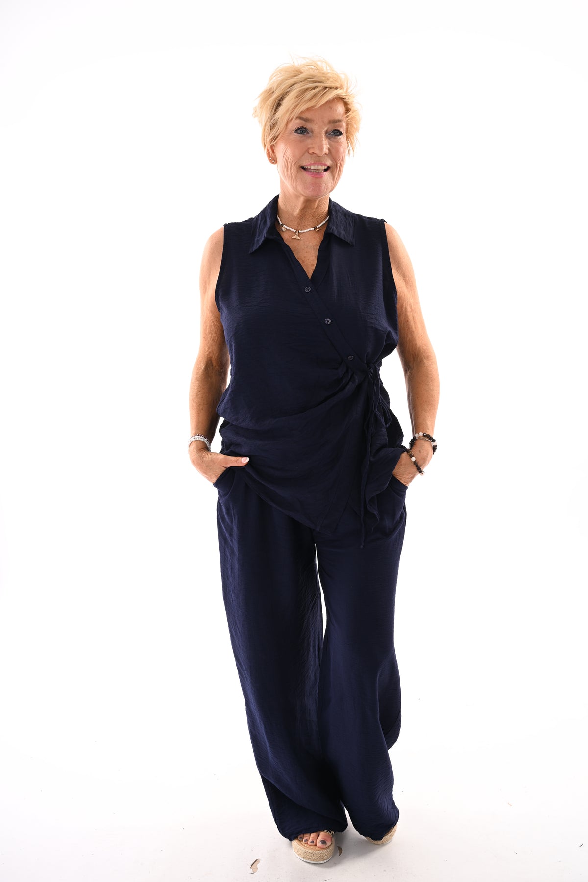 Tweedelig set gilet overslag uni marineblauw