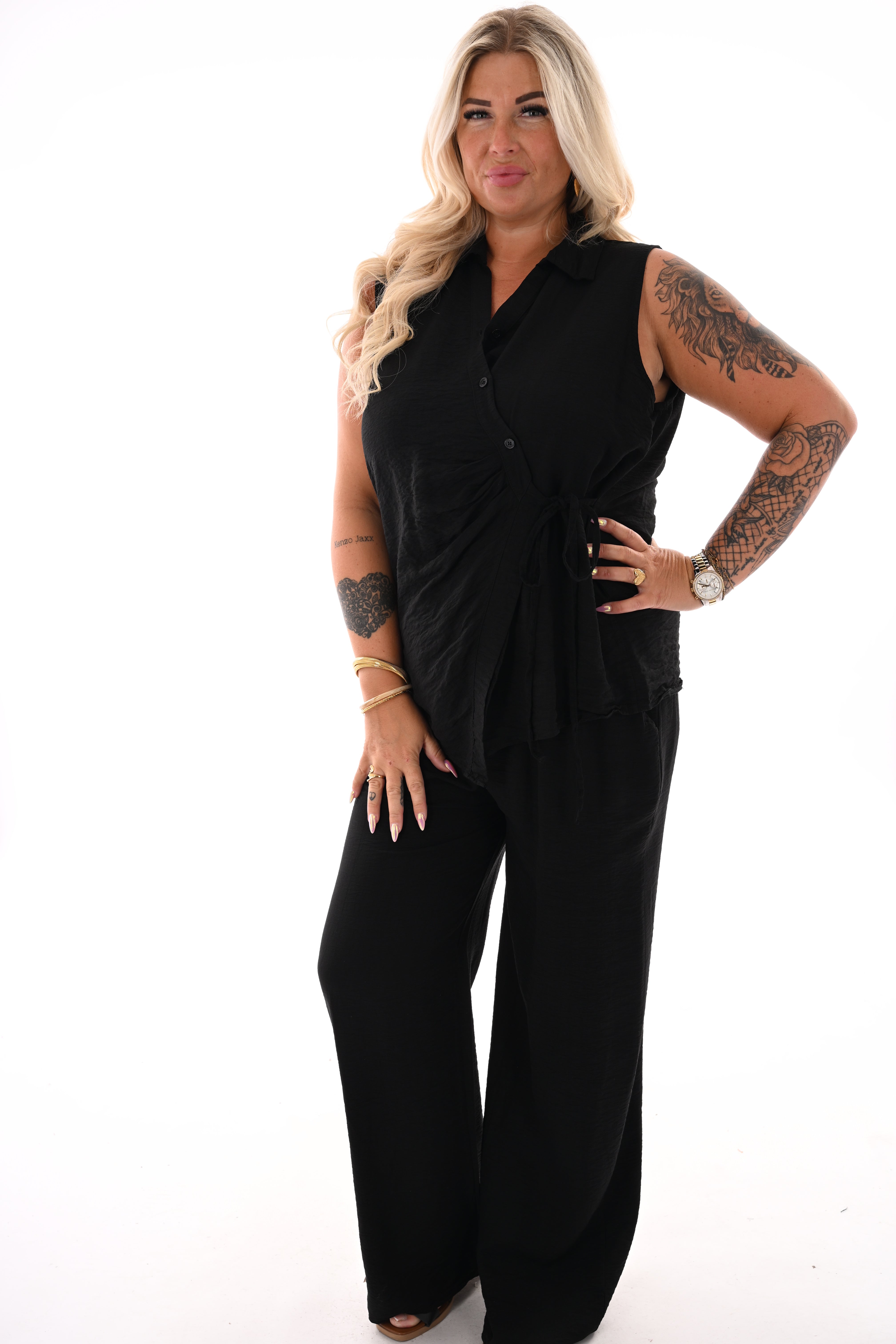 Tweedelig set gilet overslag uni zwart