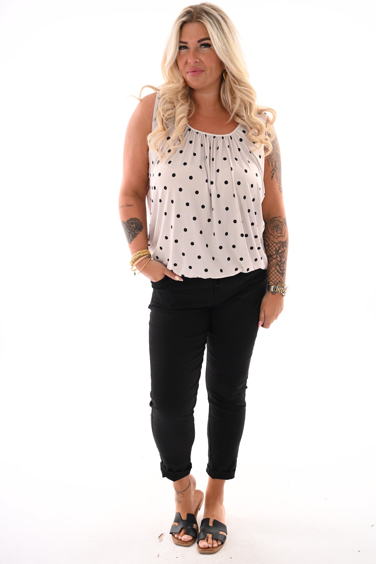 Top dots mouwloos taupe