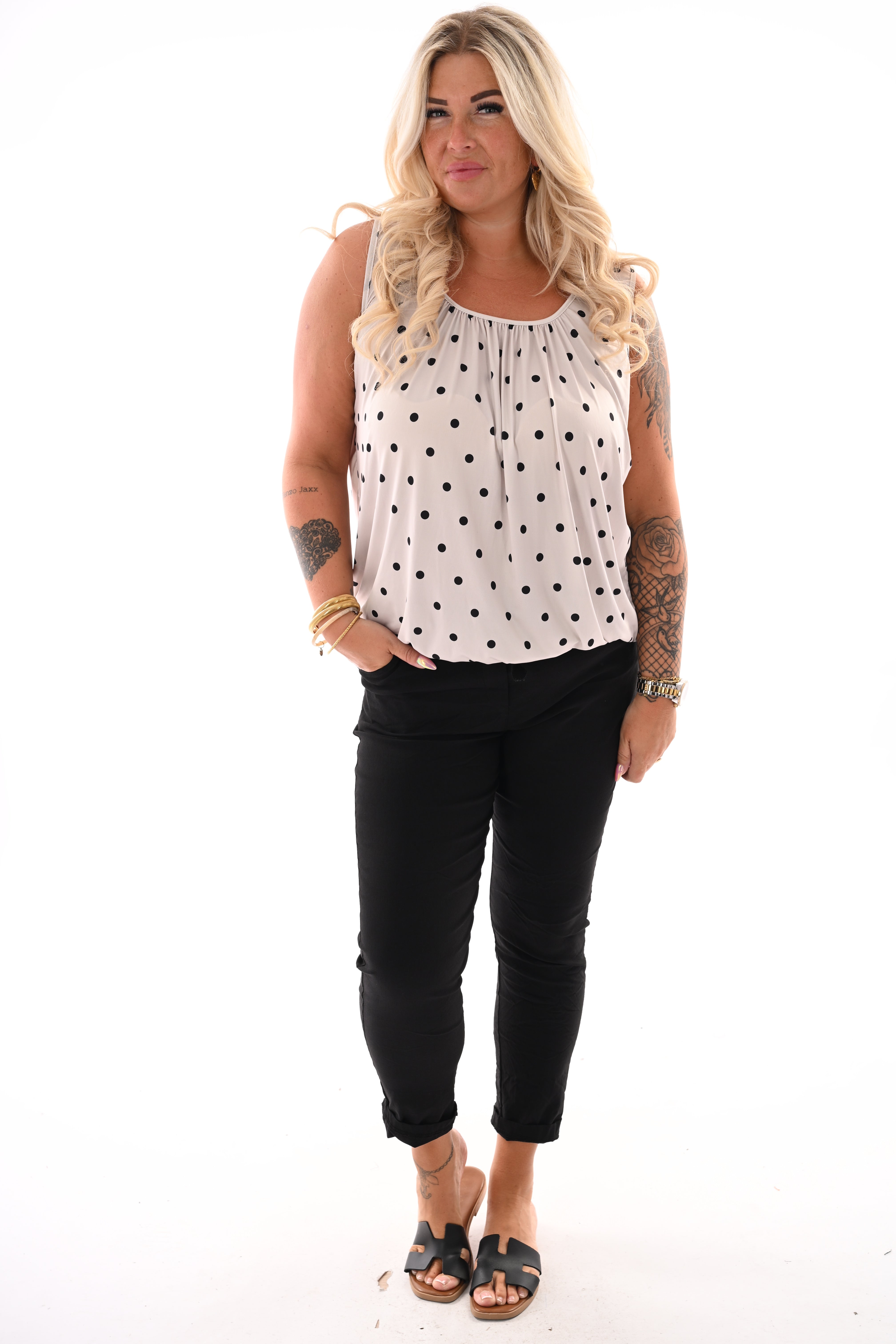 Top dots mouwloos taupe