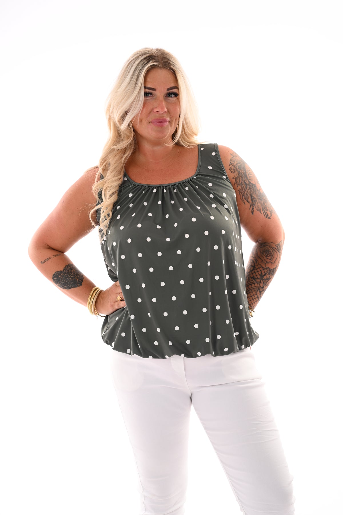 Top dots mouwloos legergroen