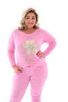 Trui bloem met strass roze