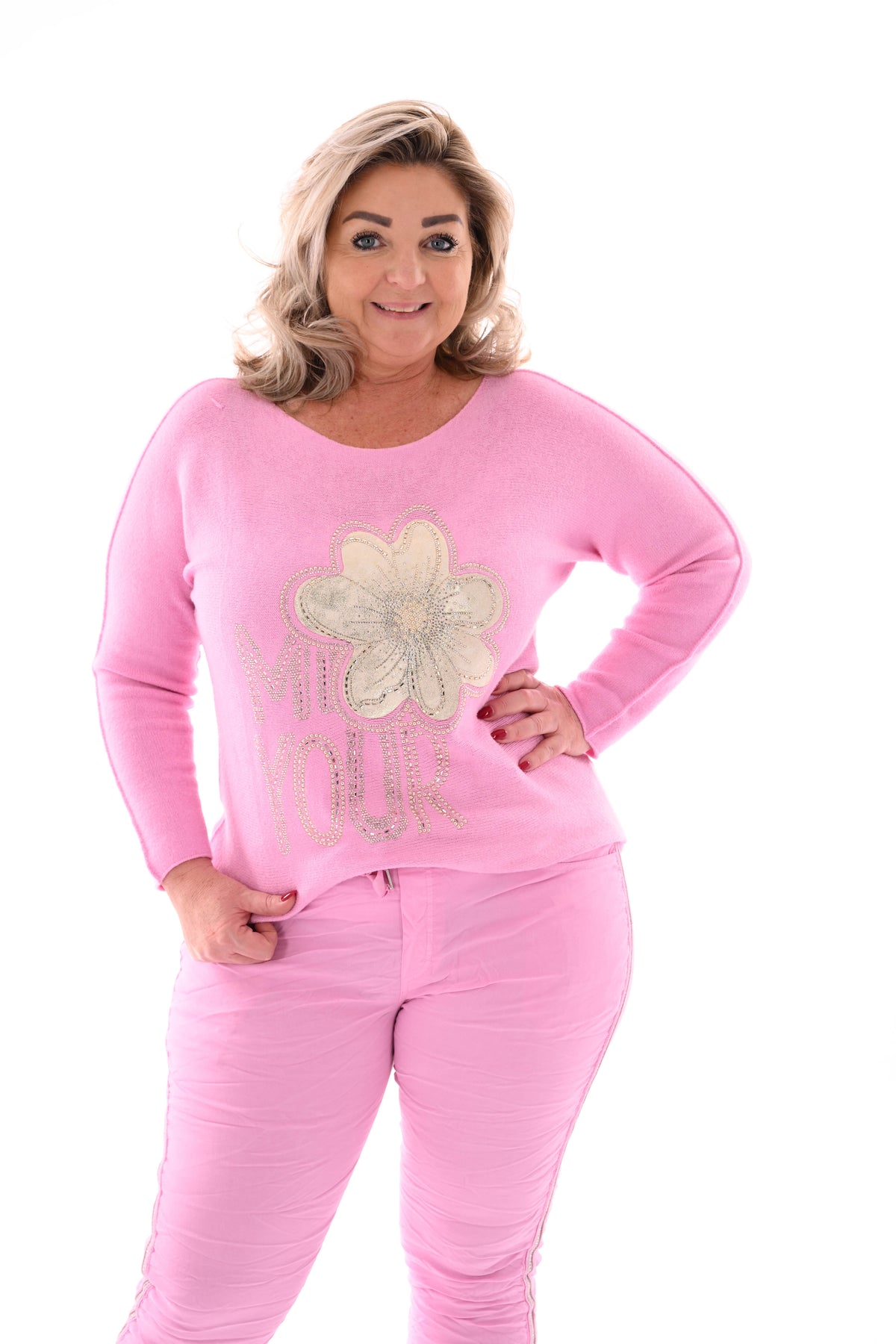 Trui bloem met strass roze