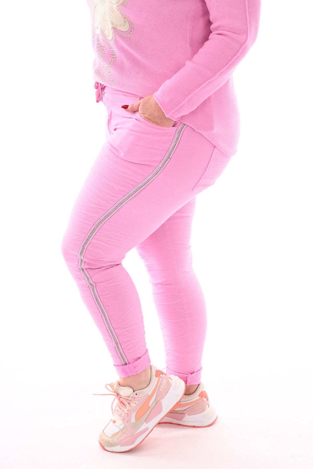 Stretchbroek met glitterbies roze