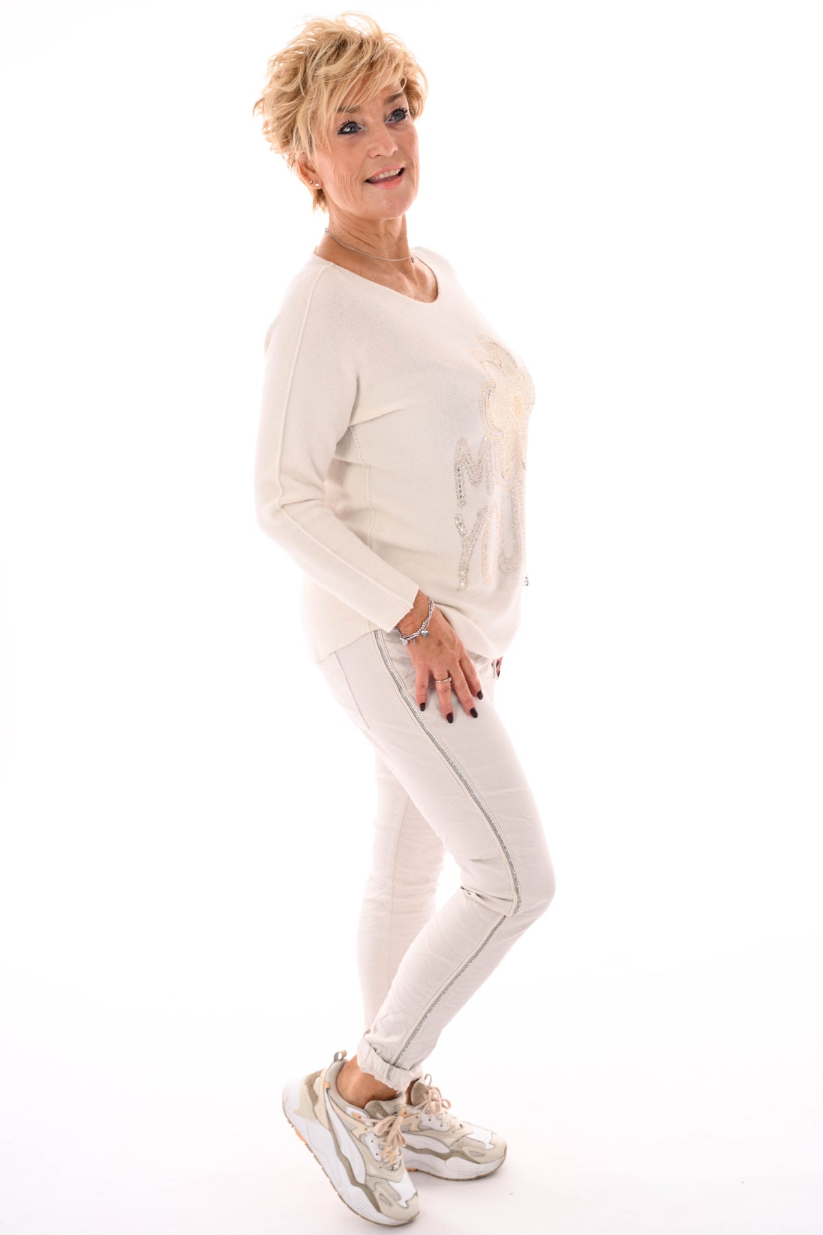 Stretchbroek met glitterbies beige