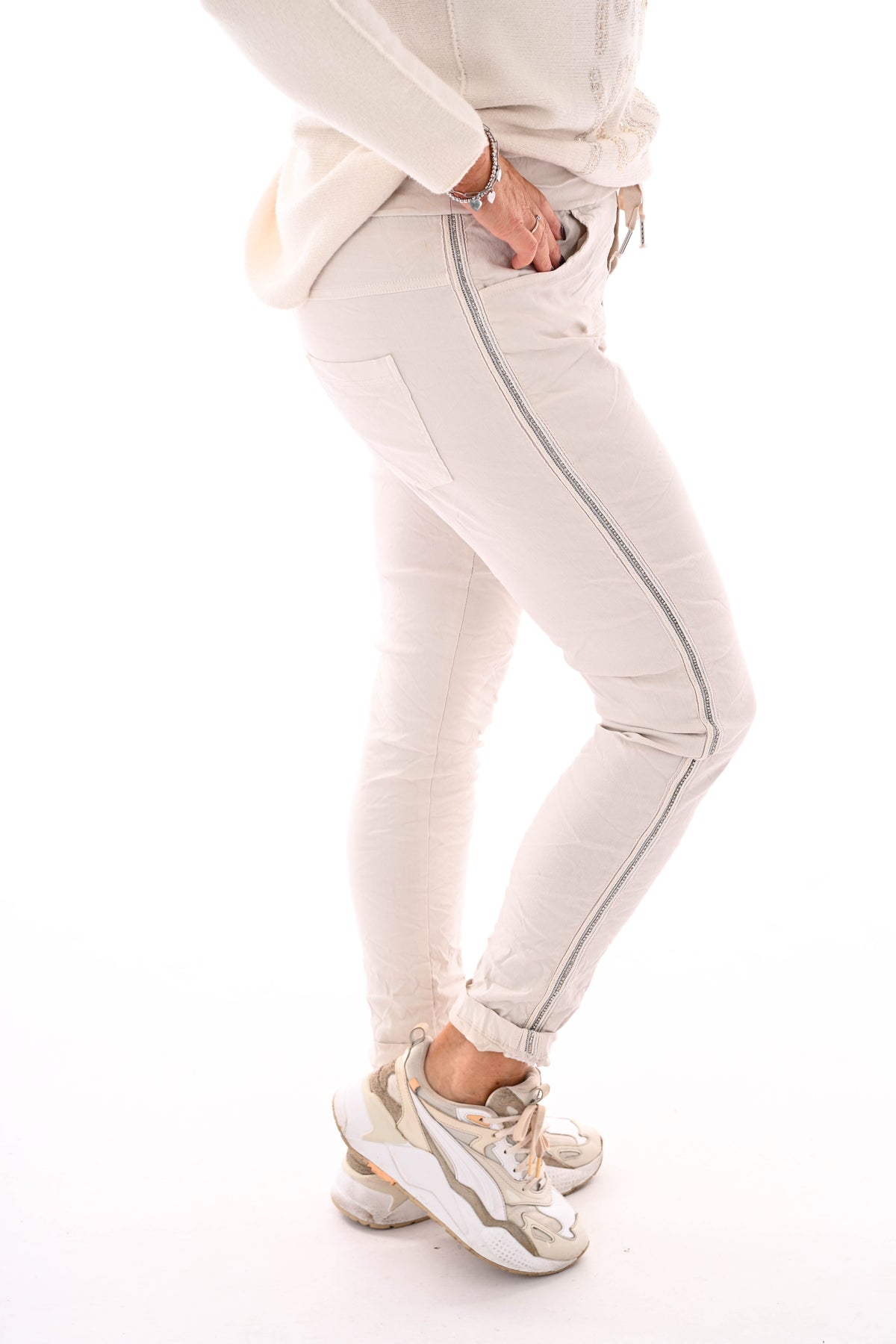 Stretchbroek met glitterbies beige