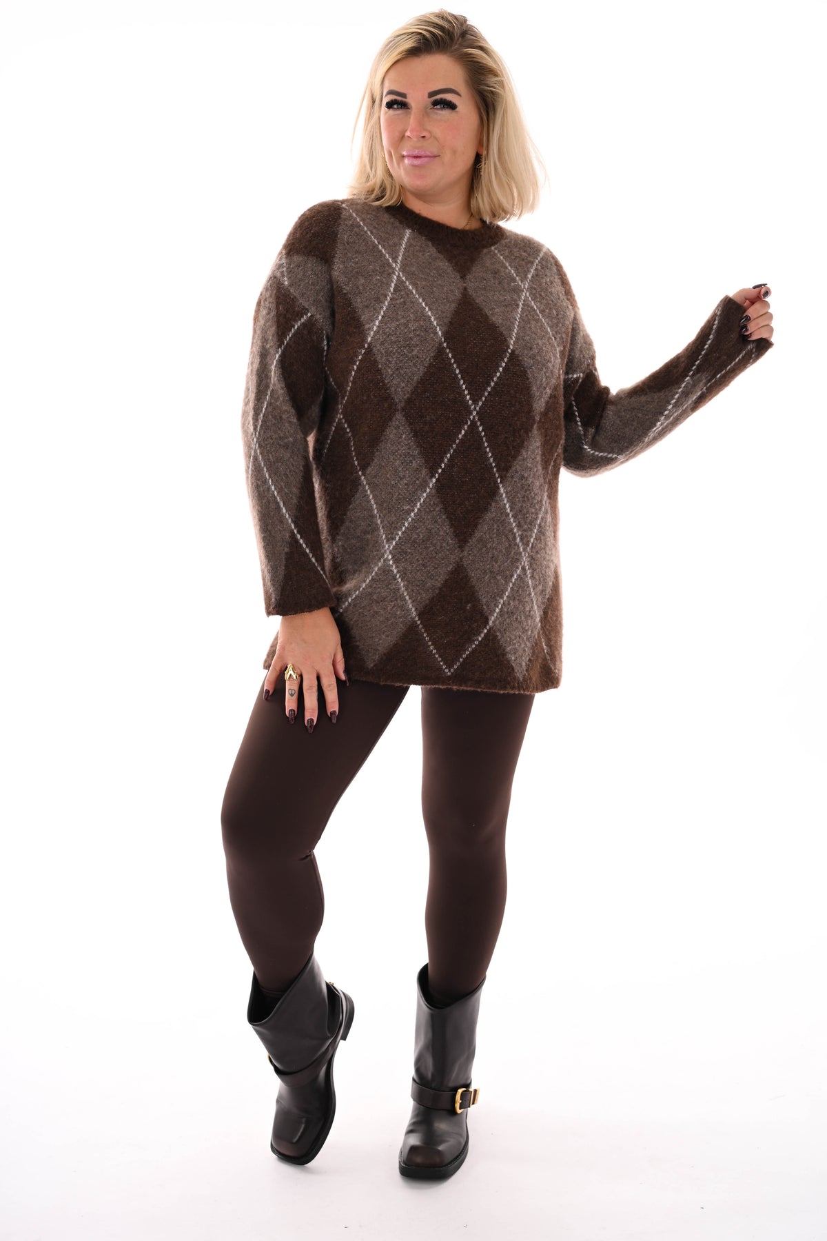 Trui ruit ronde hals bruin