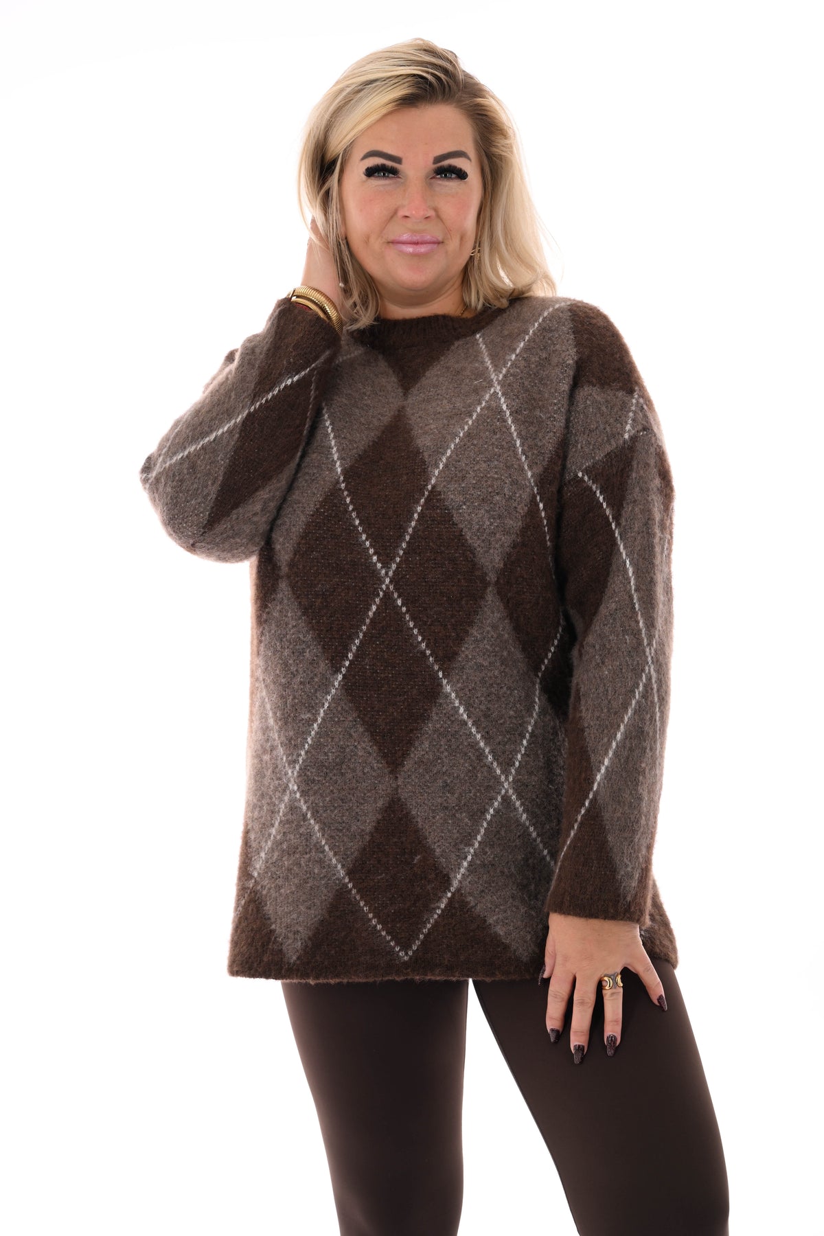 Trui ruit ronde hals bruin