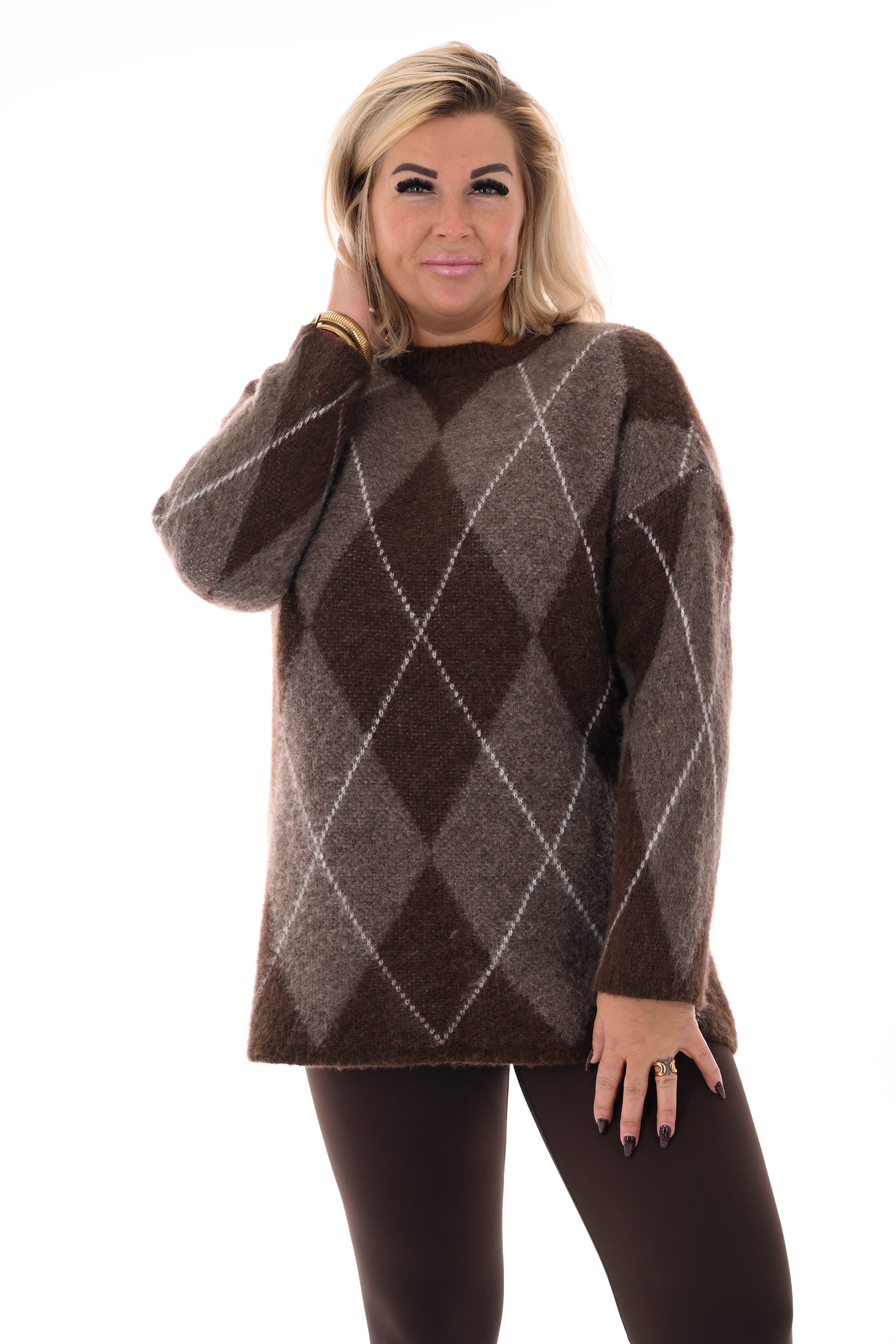 Trui ruit ronde hals bruin