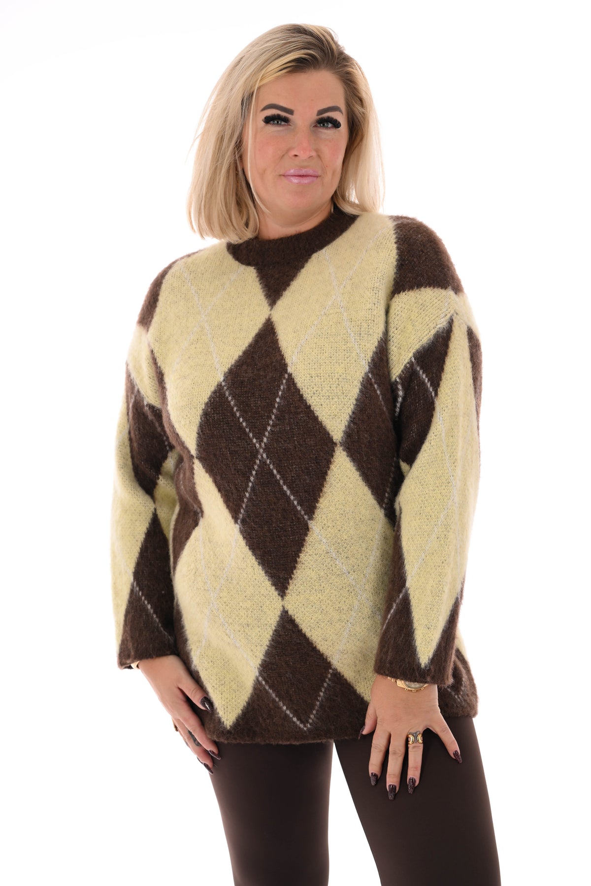 Trui ruit ronde hals geel