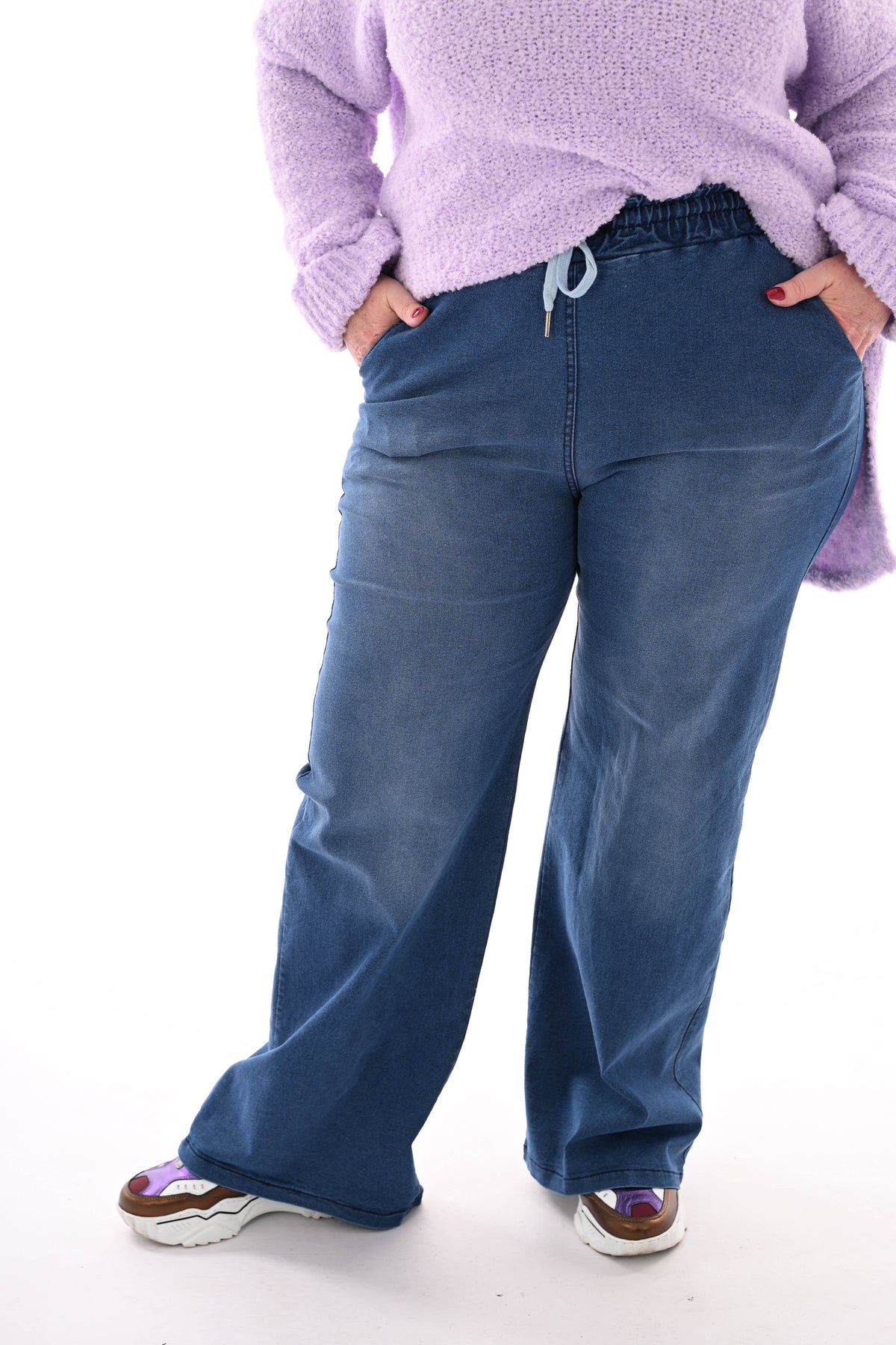 Jeans broek met elastieken tailleband donkerblauw