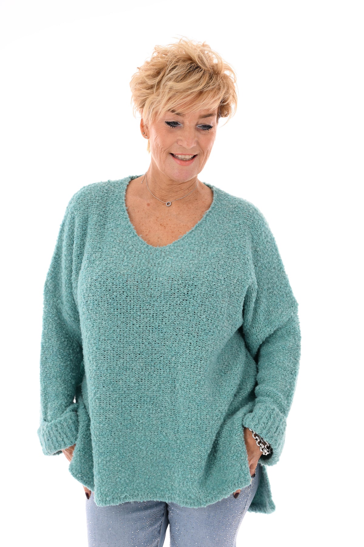 Boucle trui ronde hals turquoise