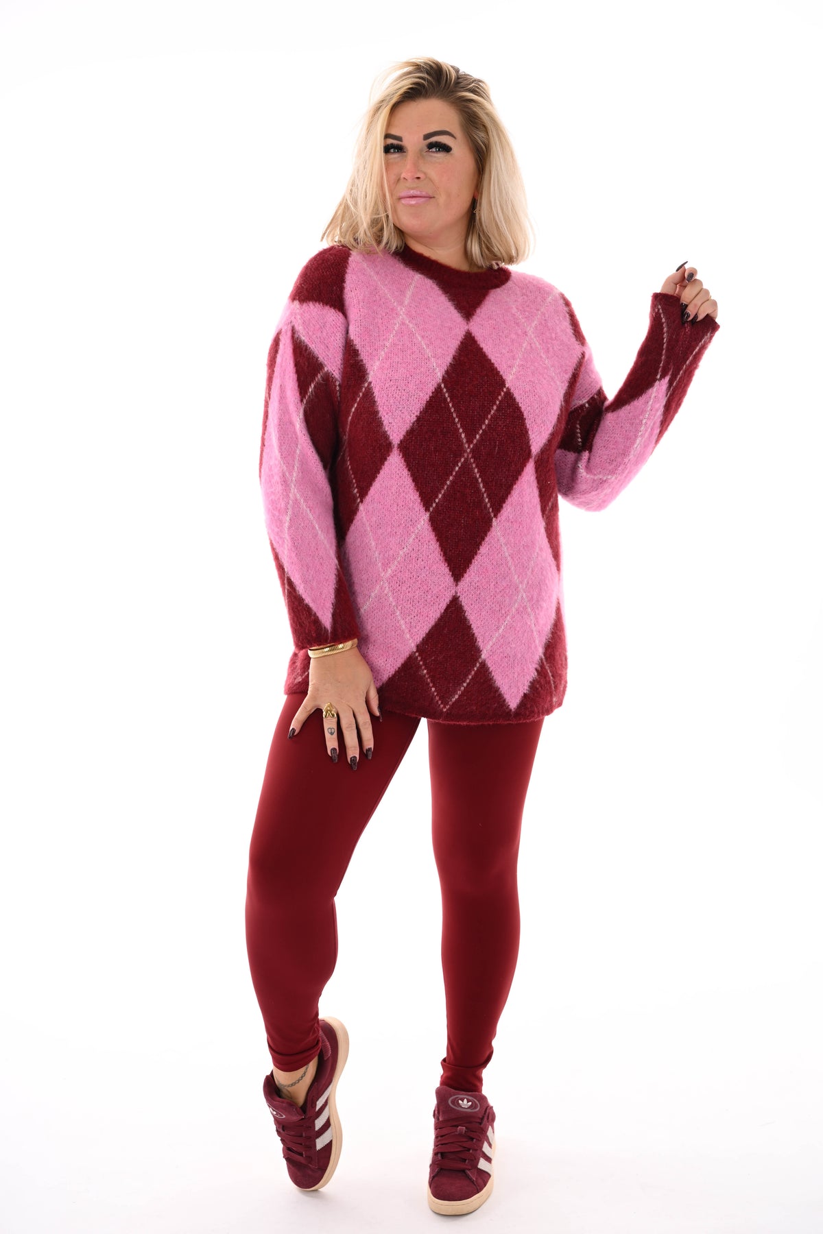 Trui ruit ronde hals bordeaux