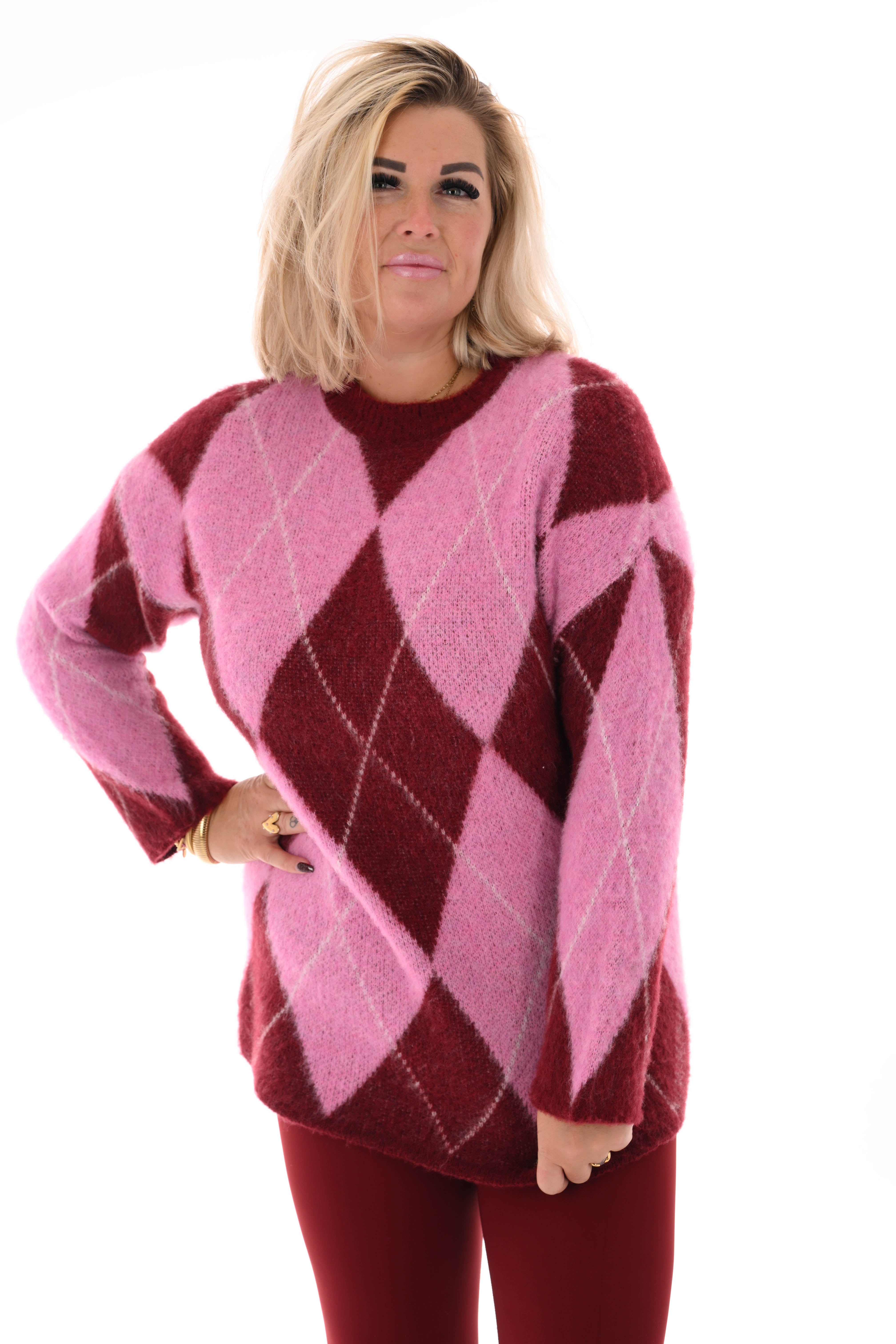 Trui ruit ronde hals bordeaux