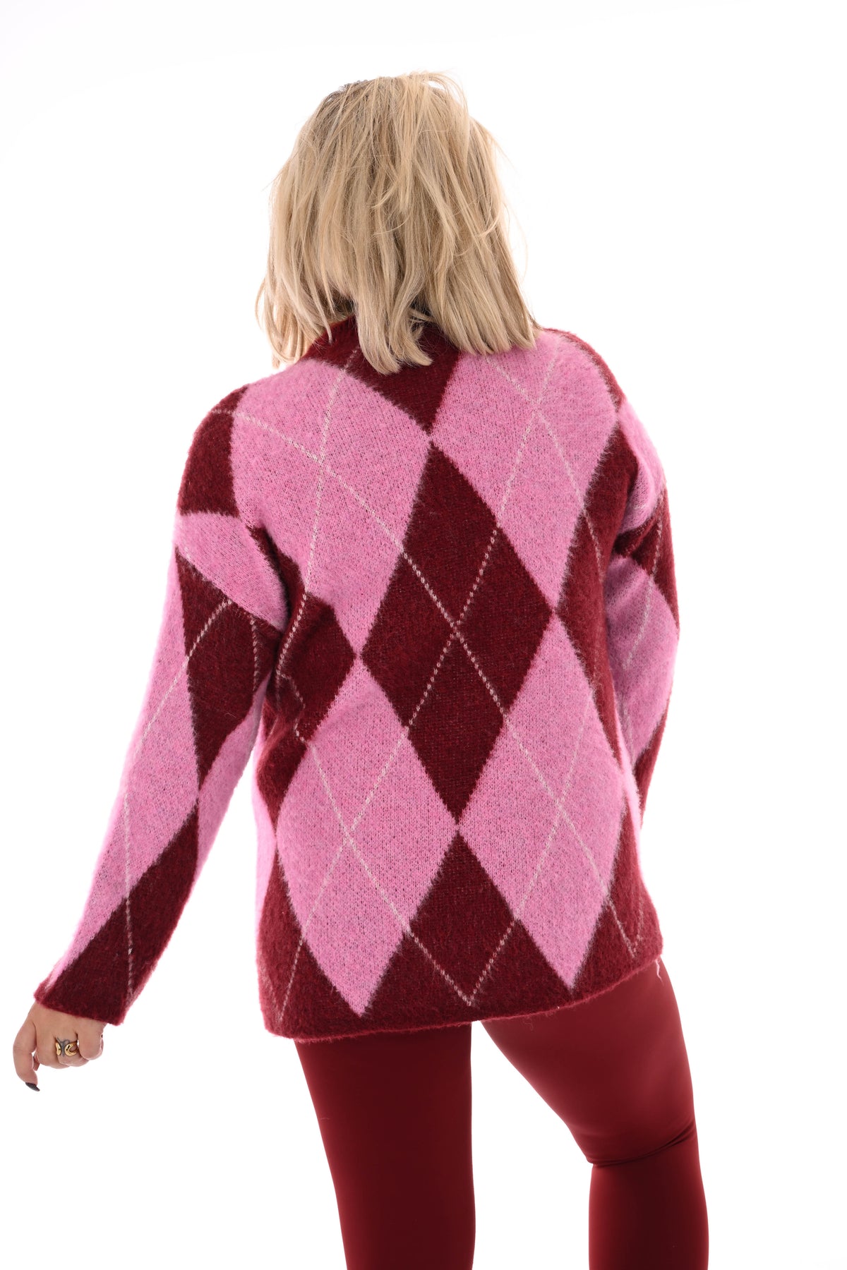 Trui ruit ronde hals bordeaux