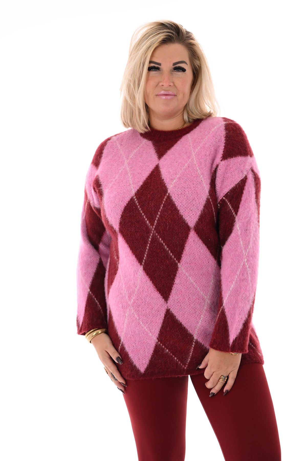 Trui ruit ronde hals bordeaux