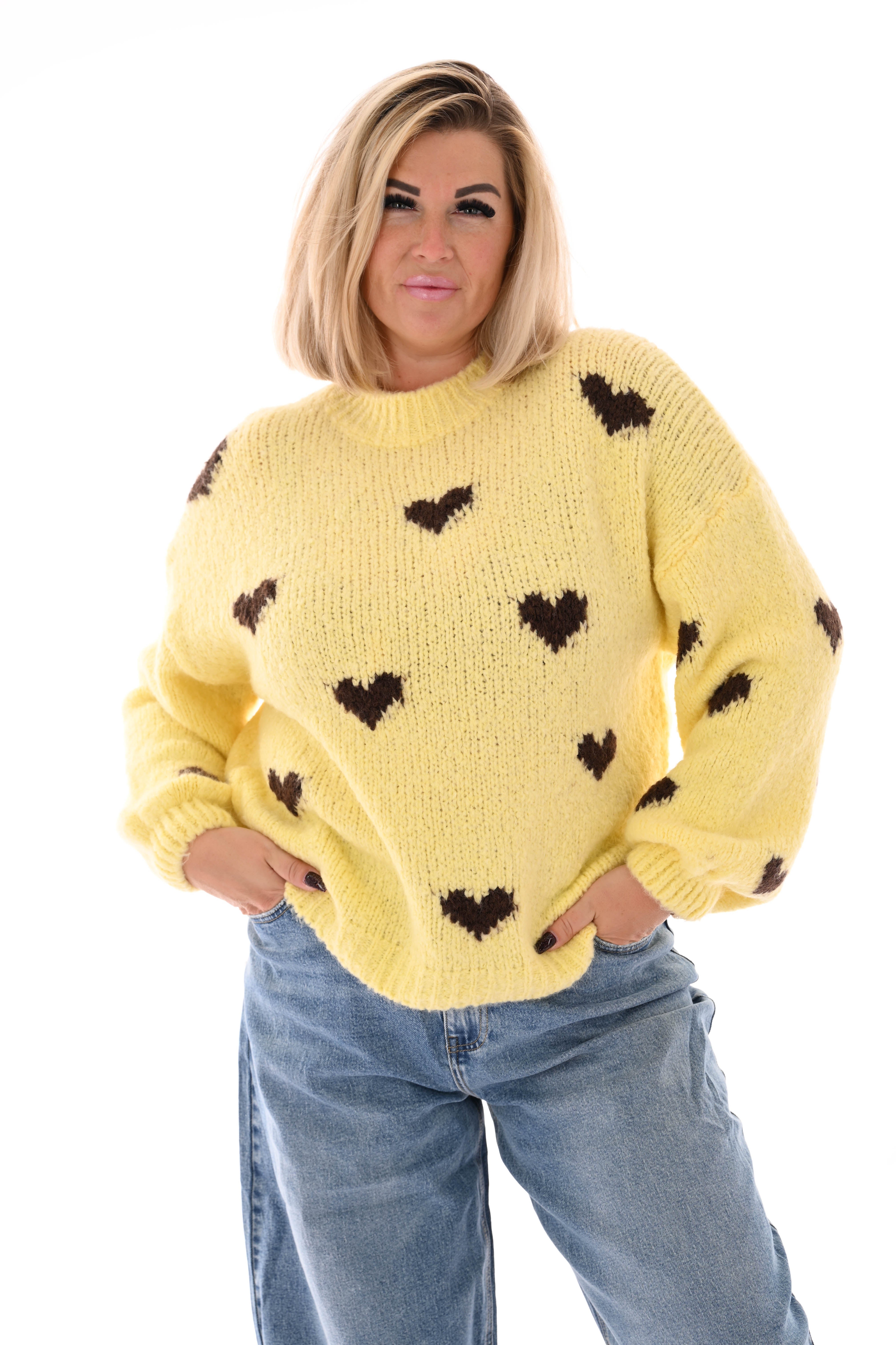 Gebreide trui kleine hartjes lichtgeel