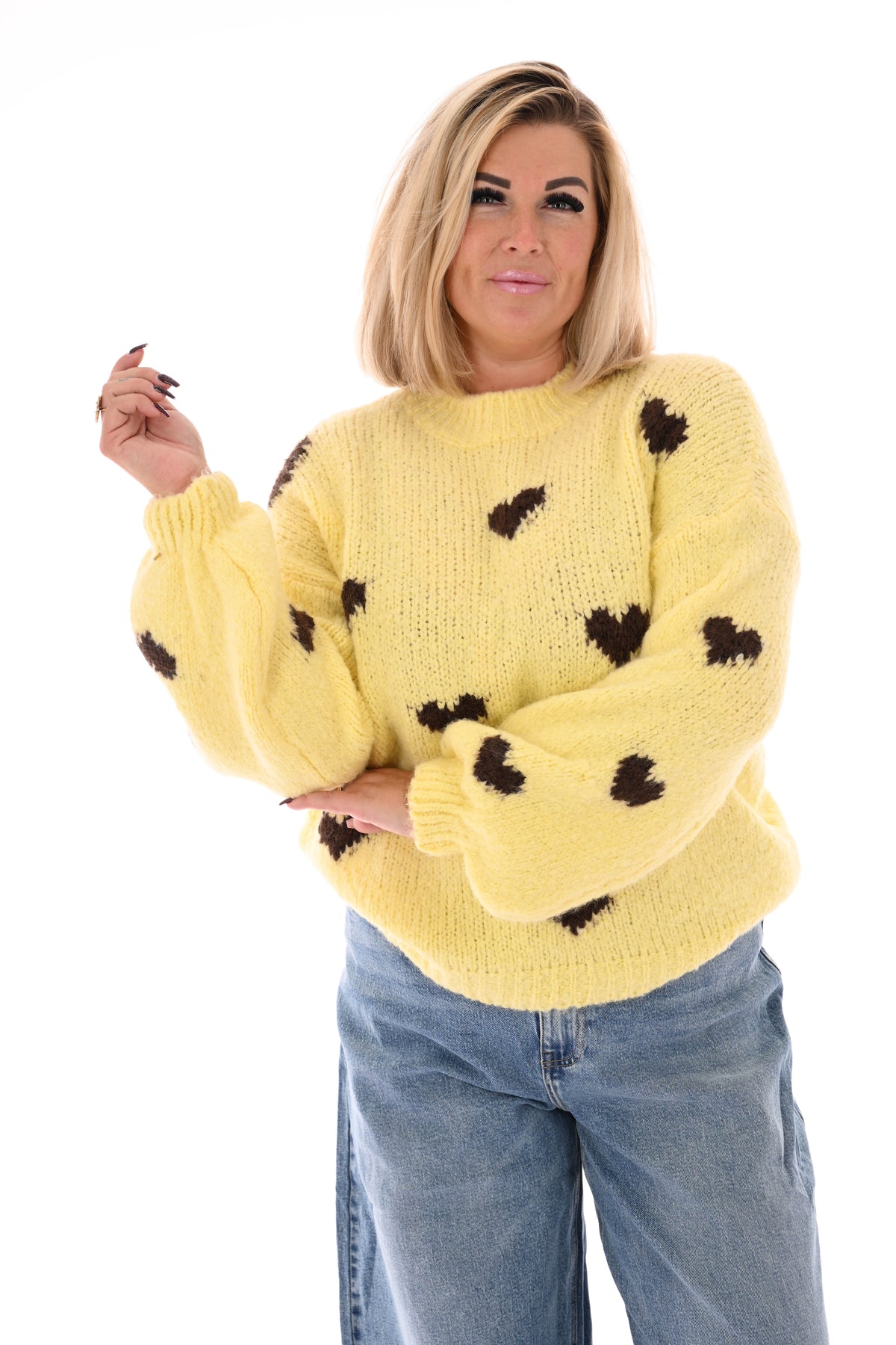 Gebreide trui kleine hartjes lichtgeel