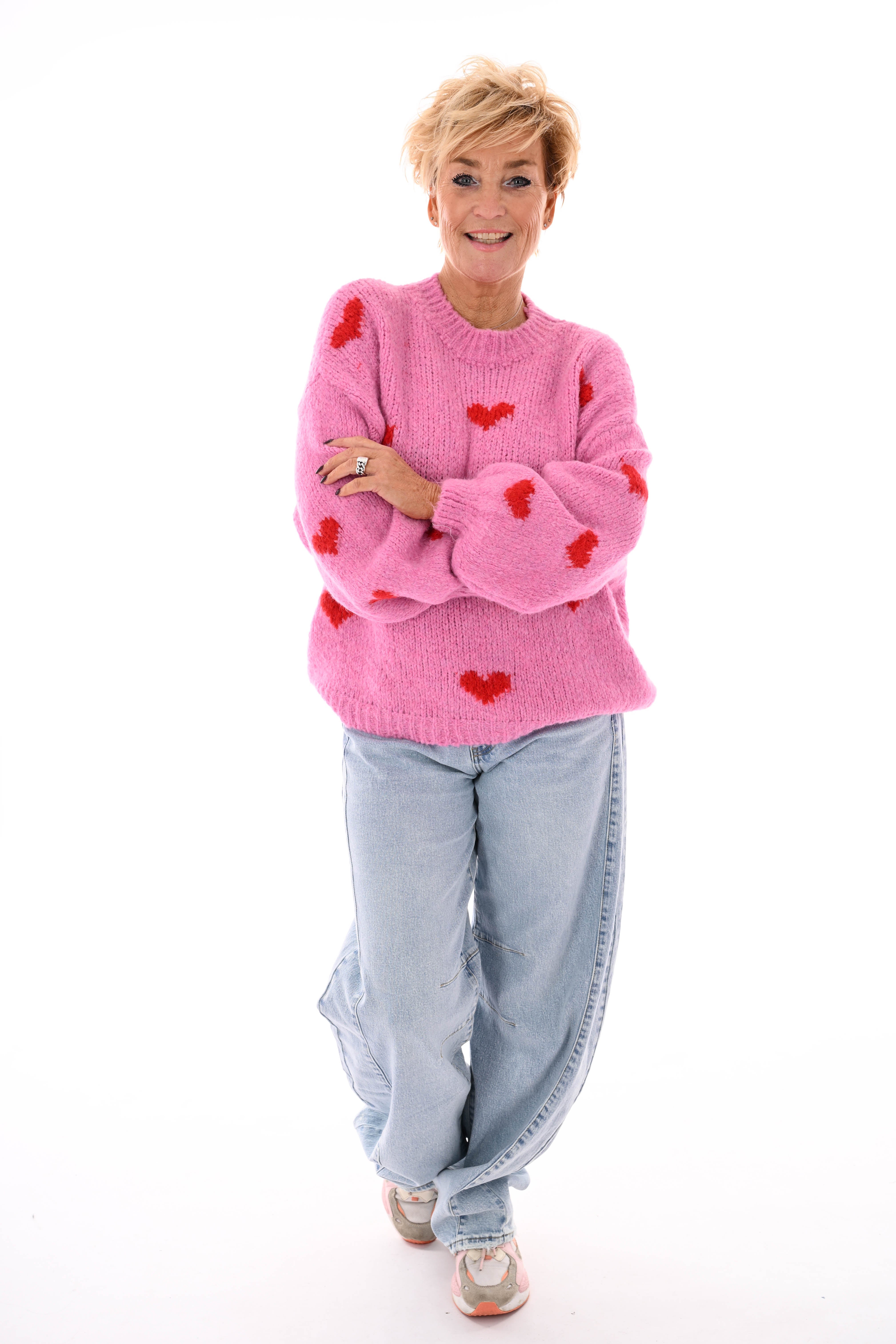 Gebreide trui kleine hartjes roze