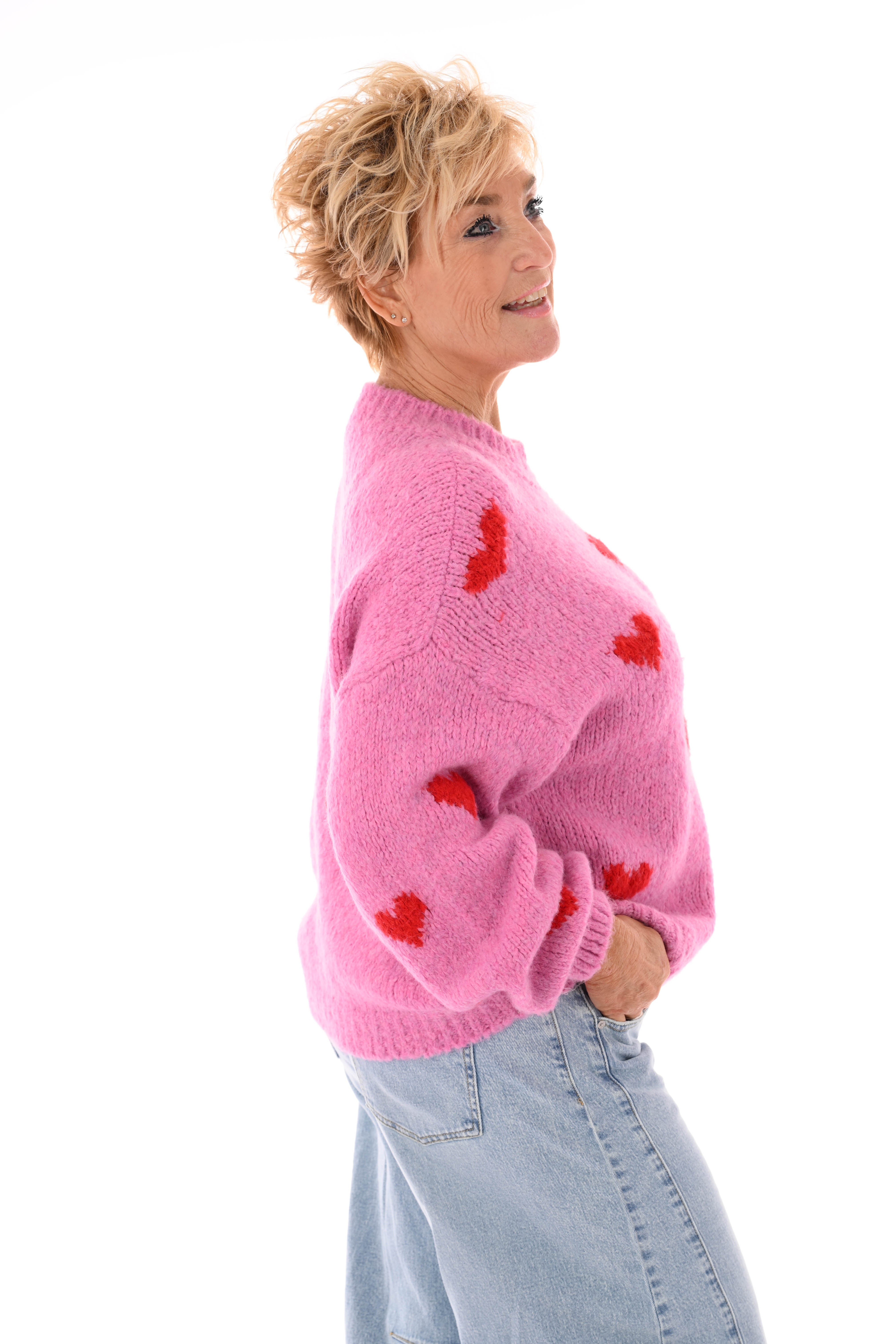 Gebreide trui kleine hartjes roze