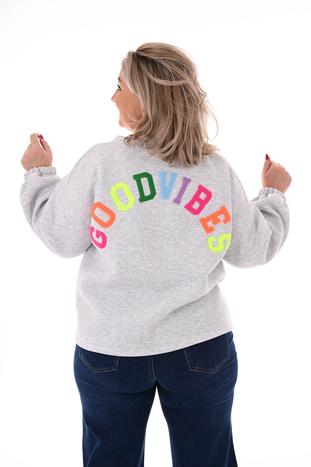 Sweater good vibes lichtgrijs