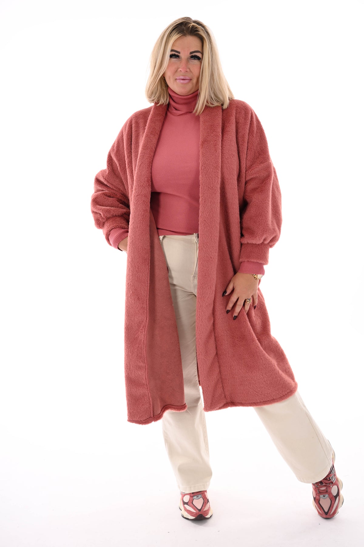 Lange faux fur jas oudroze