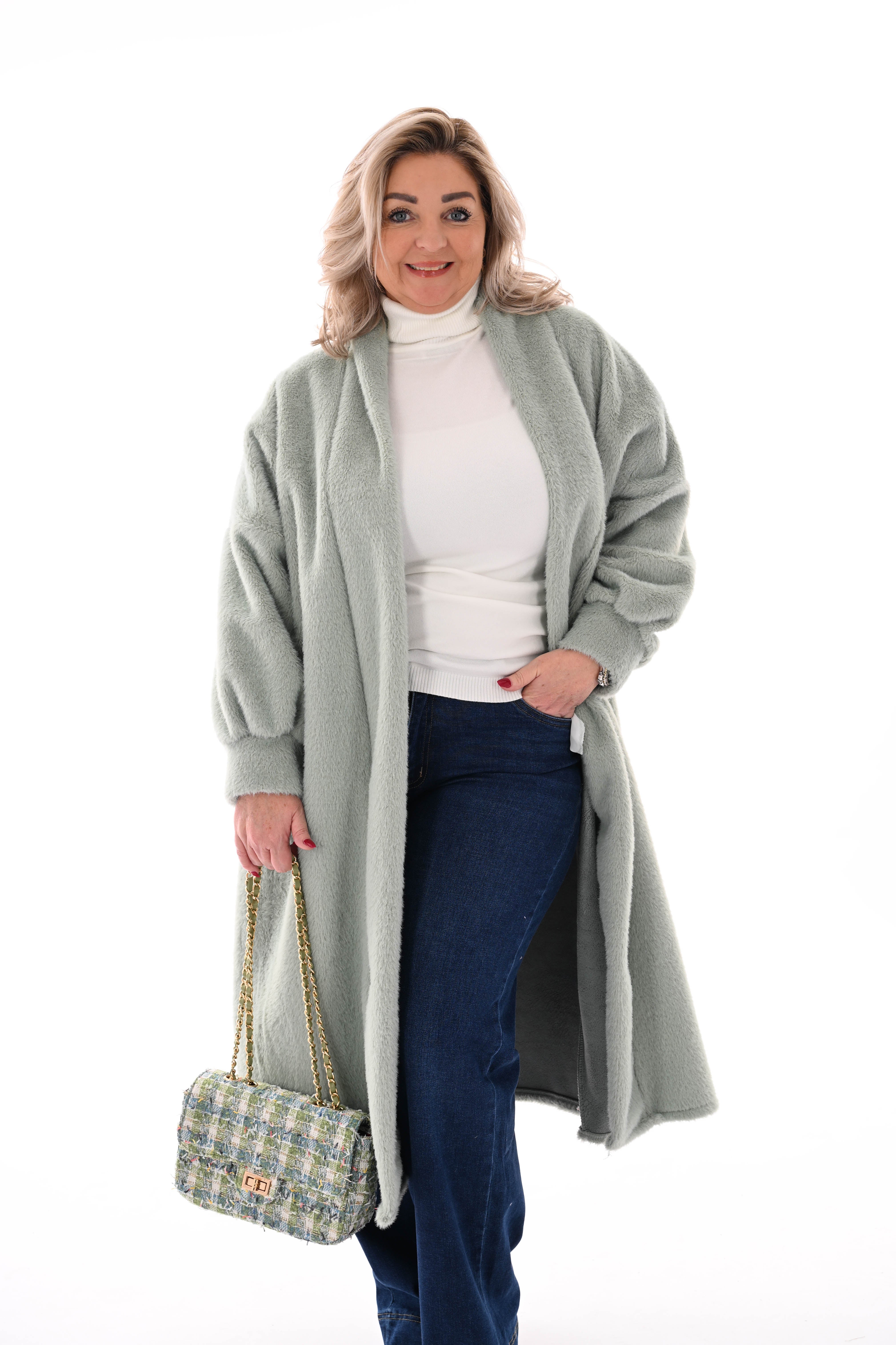 Lange faux fur jas groen