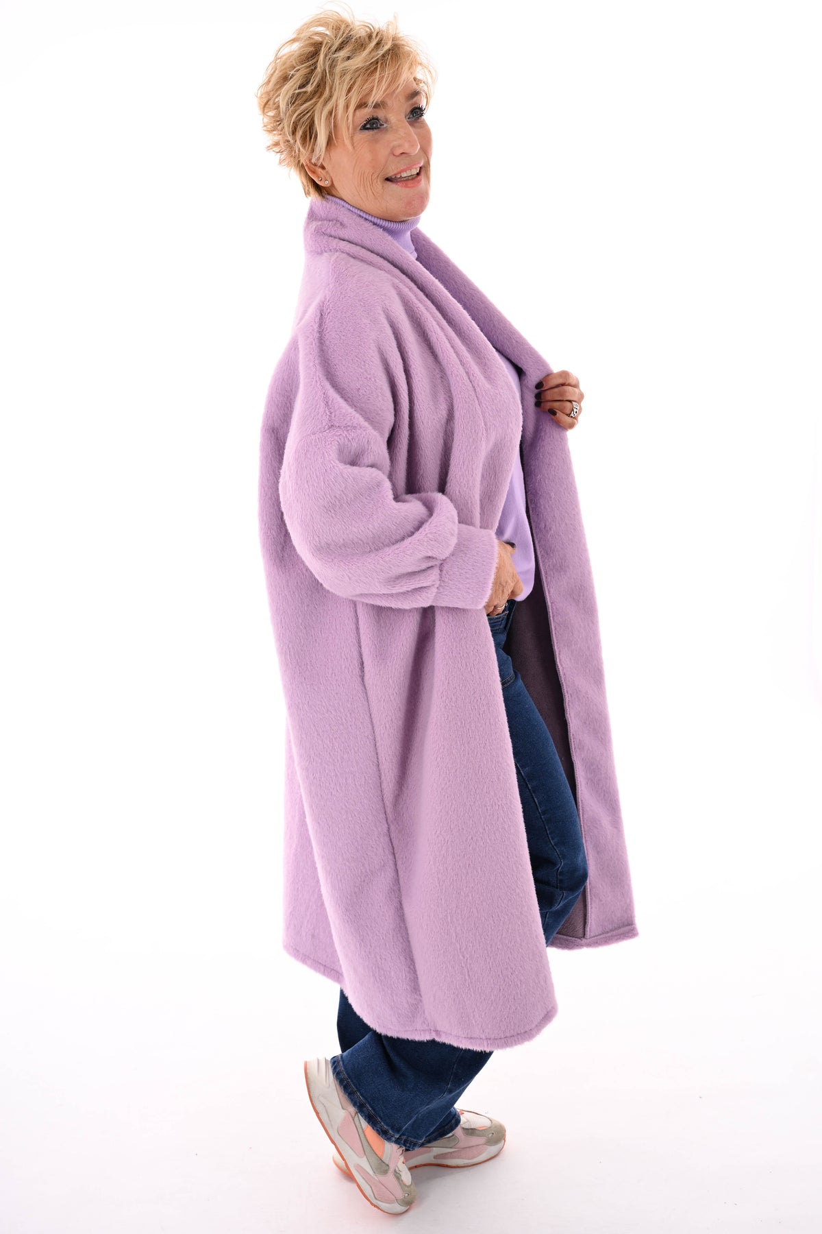 Lange faux fur jas lila