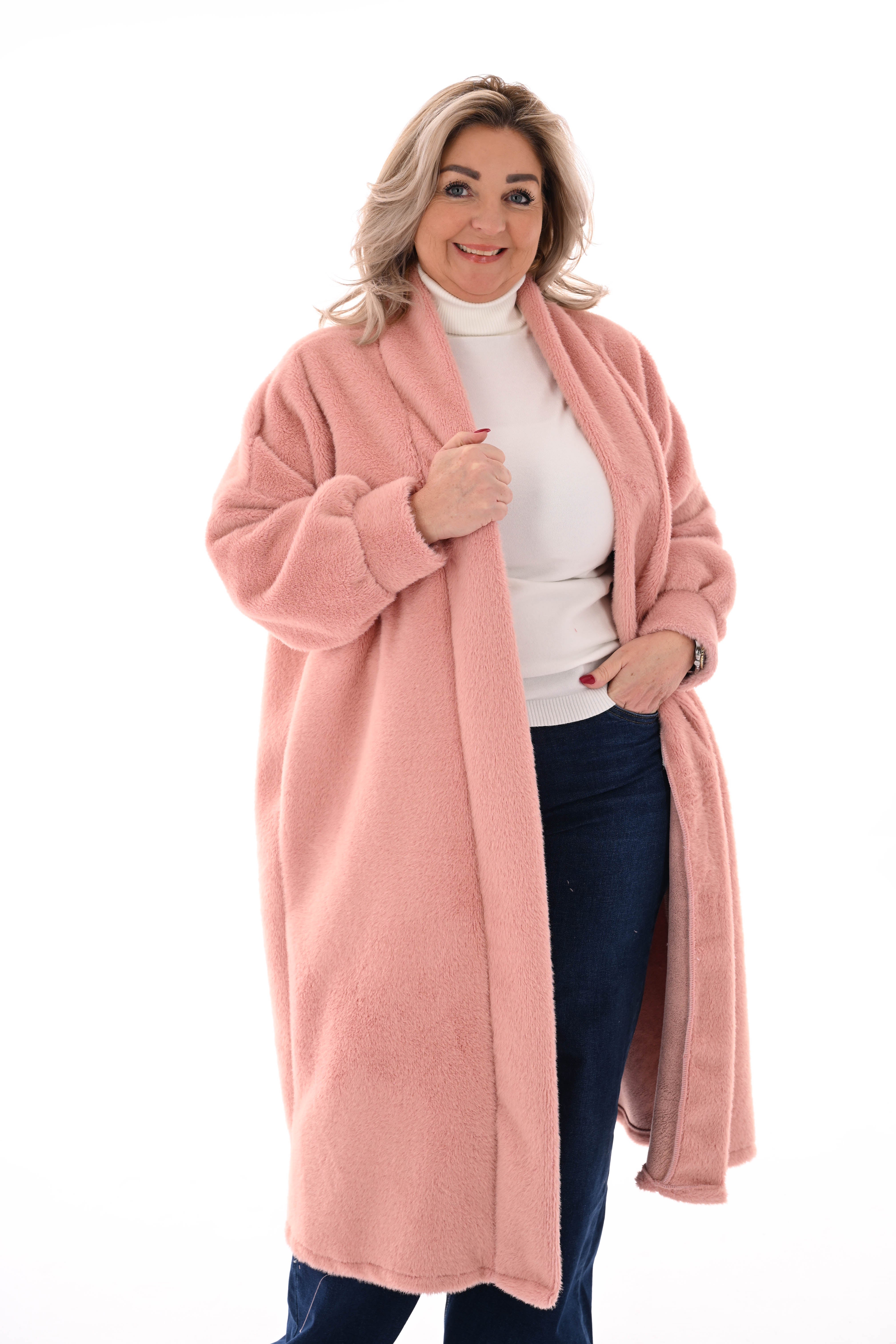 Lange faux fur jas zalm