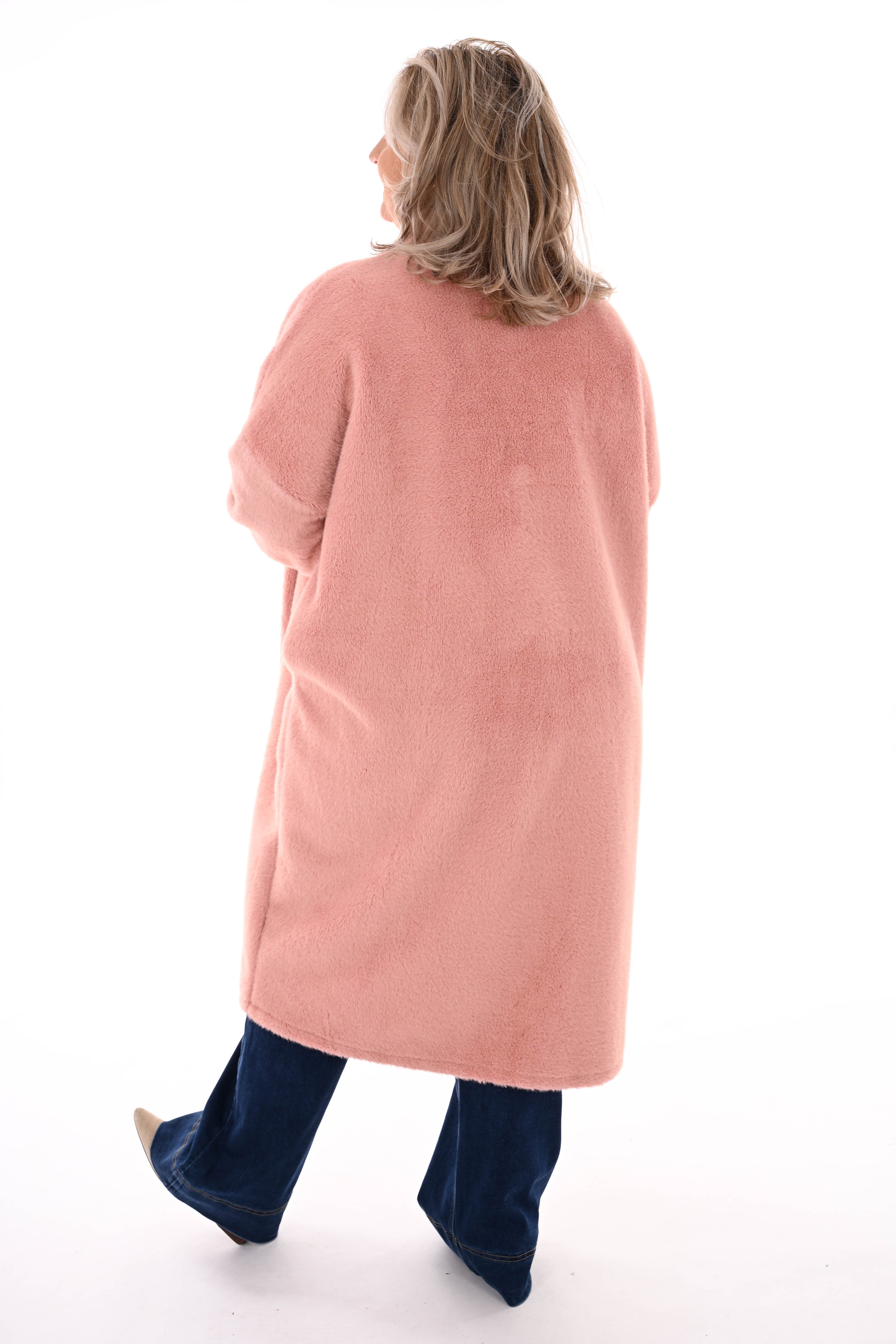 Lange faux fur jas zalm