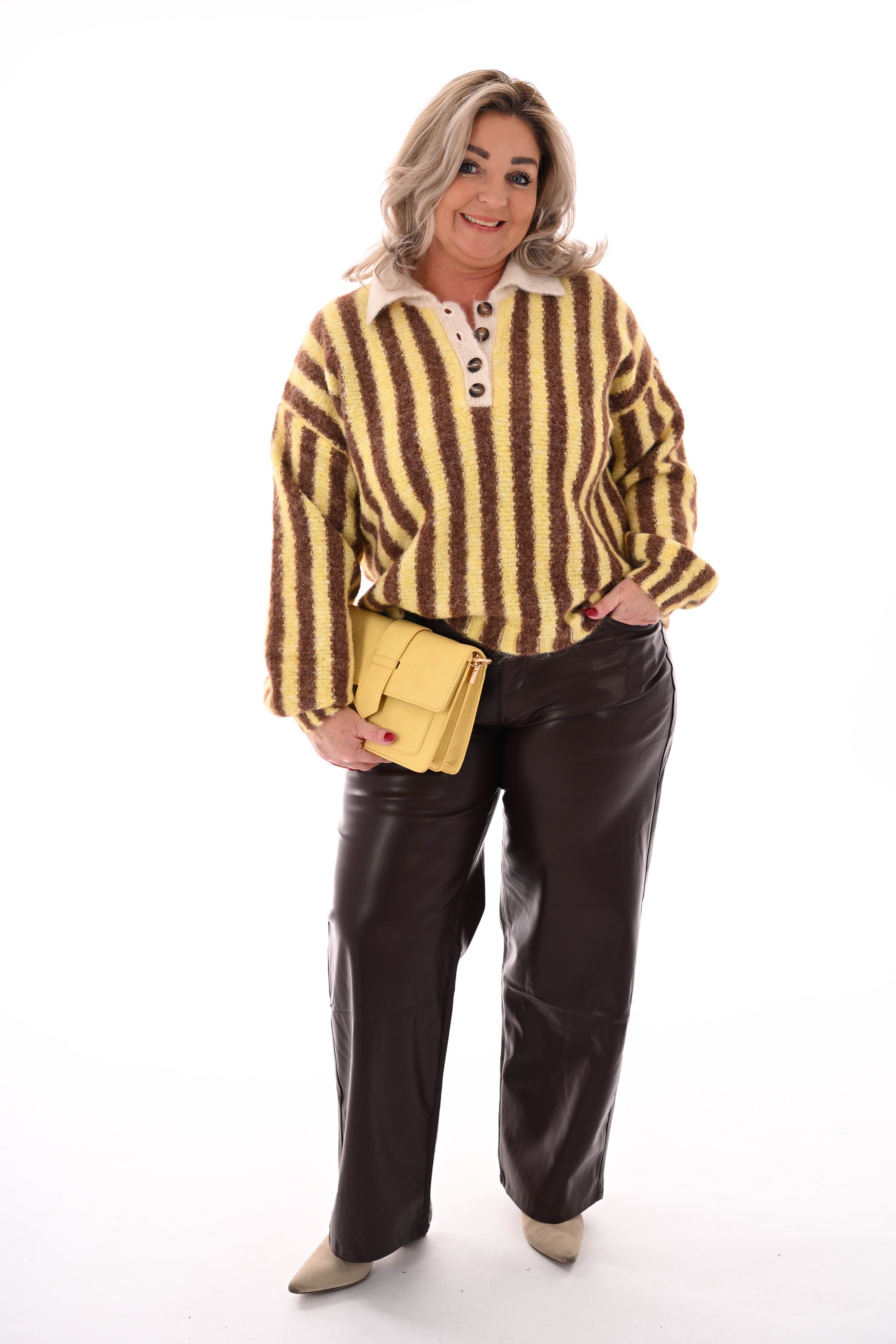 Streep trui met kraag geel