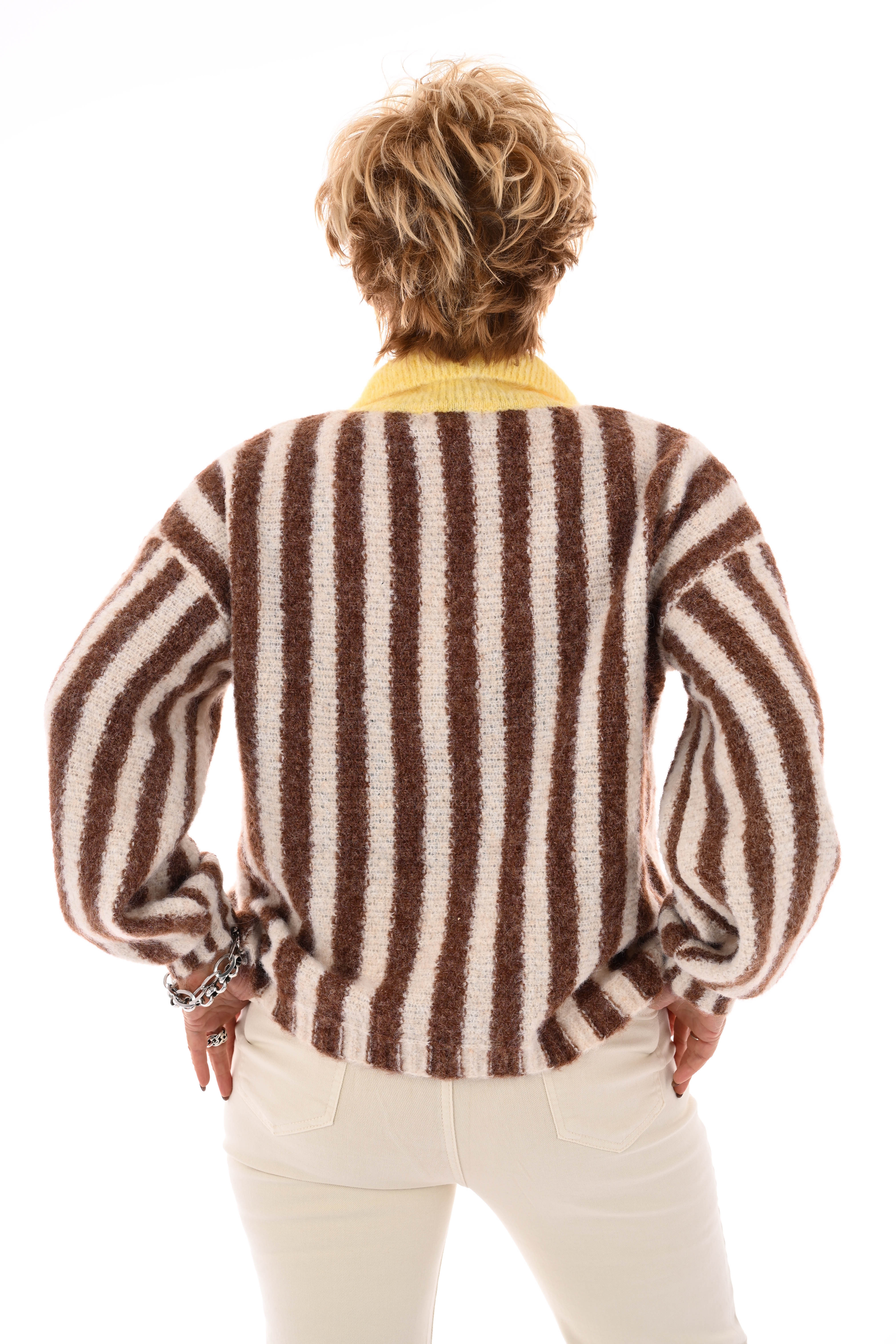 Streep trui met kraag creme