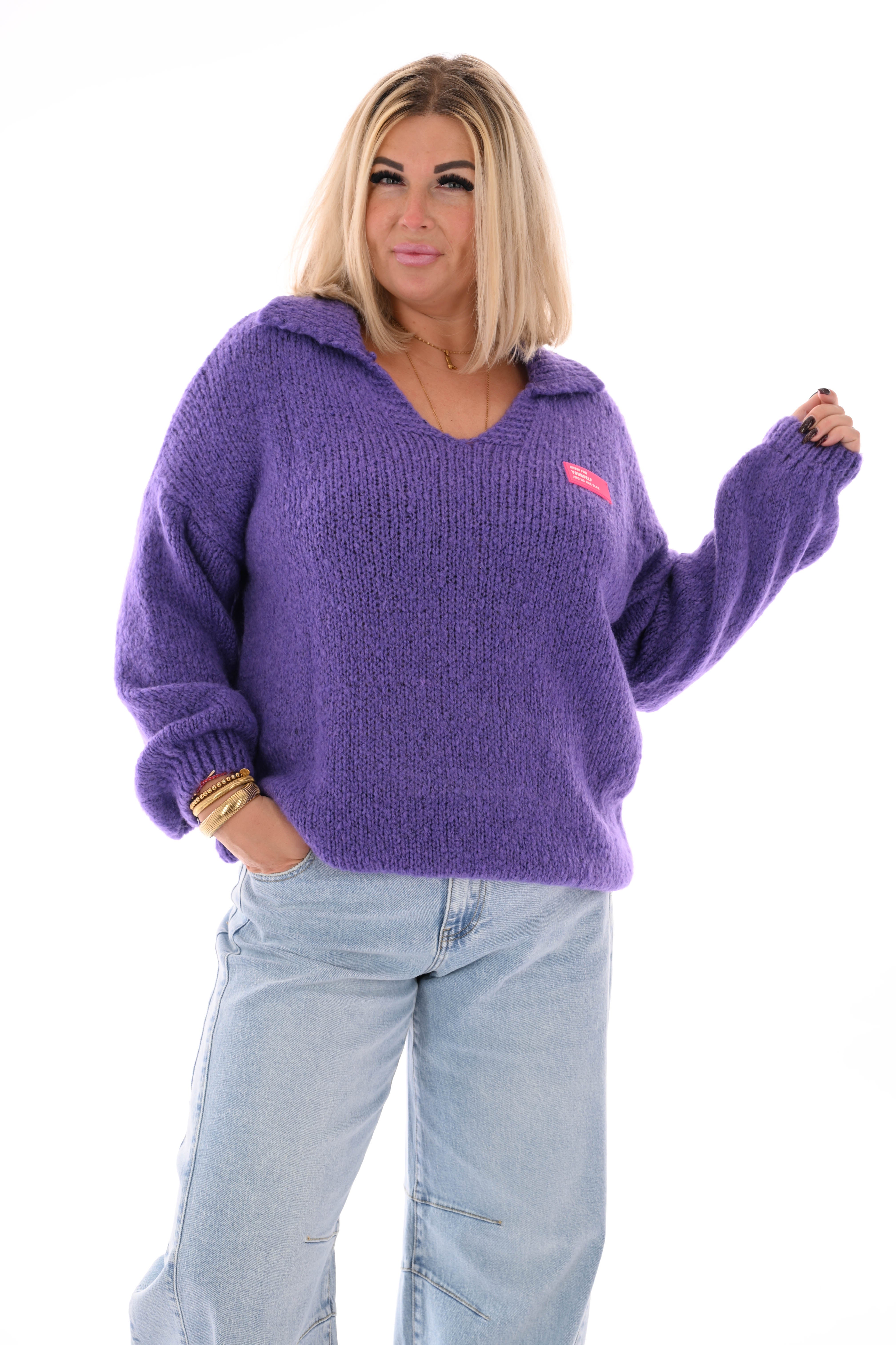 Grof gebreide trui v-hals met applicatie paars
