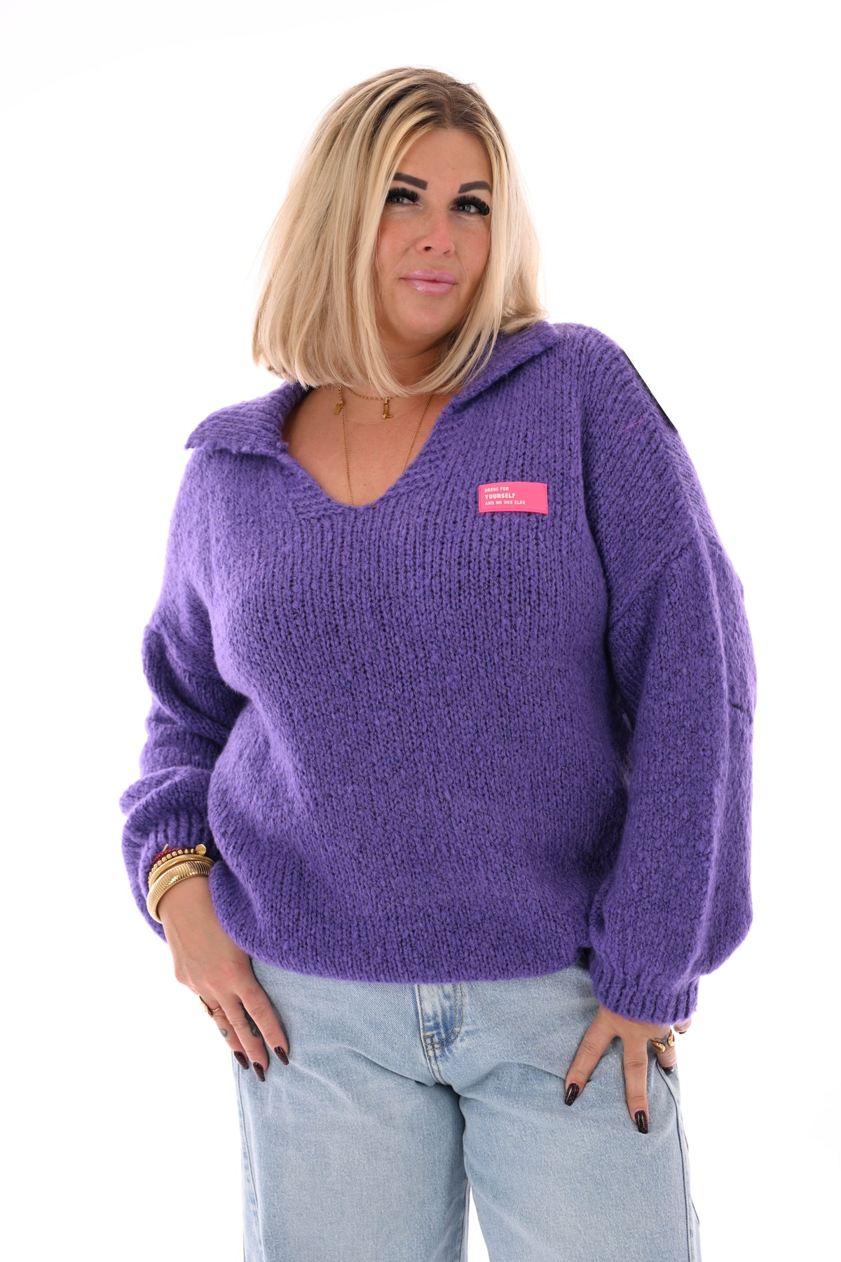 Grof gebreide trui v-hals met applicatie paars
