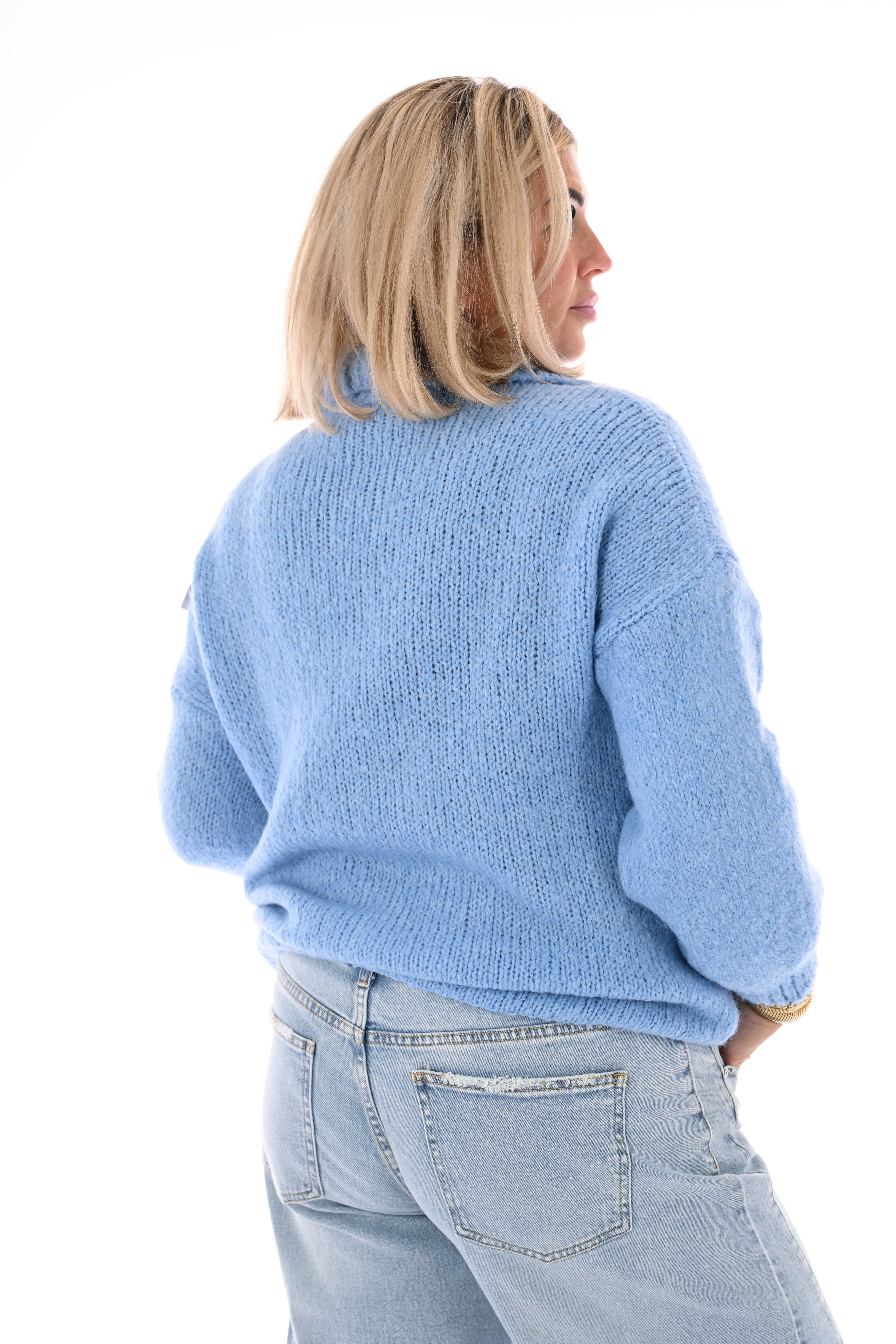 Grof gebreide trui v-hals met applicatie blauw