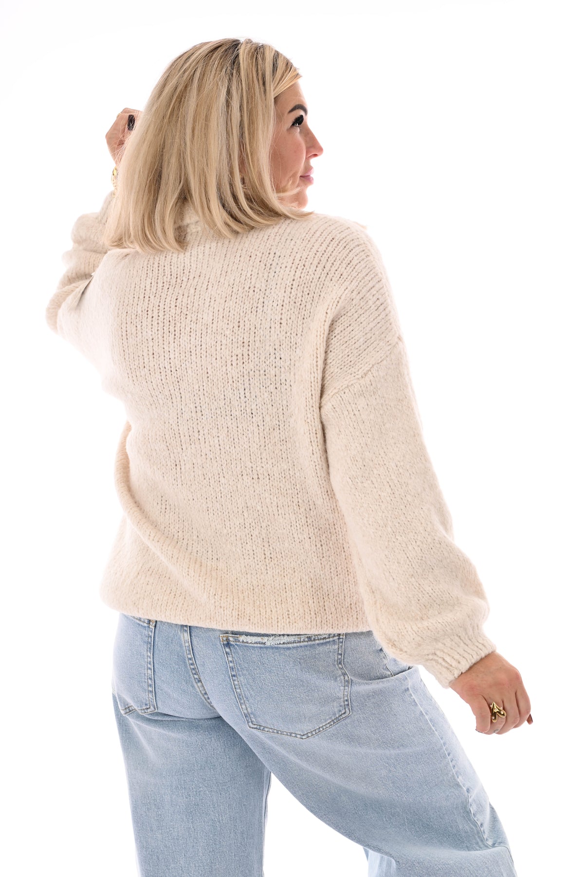 Grof gebreide trui v-hals met applicatie beige