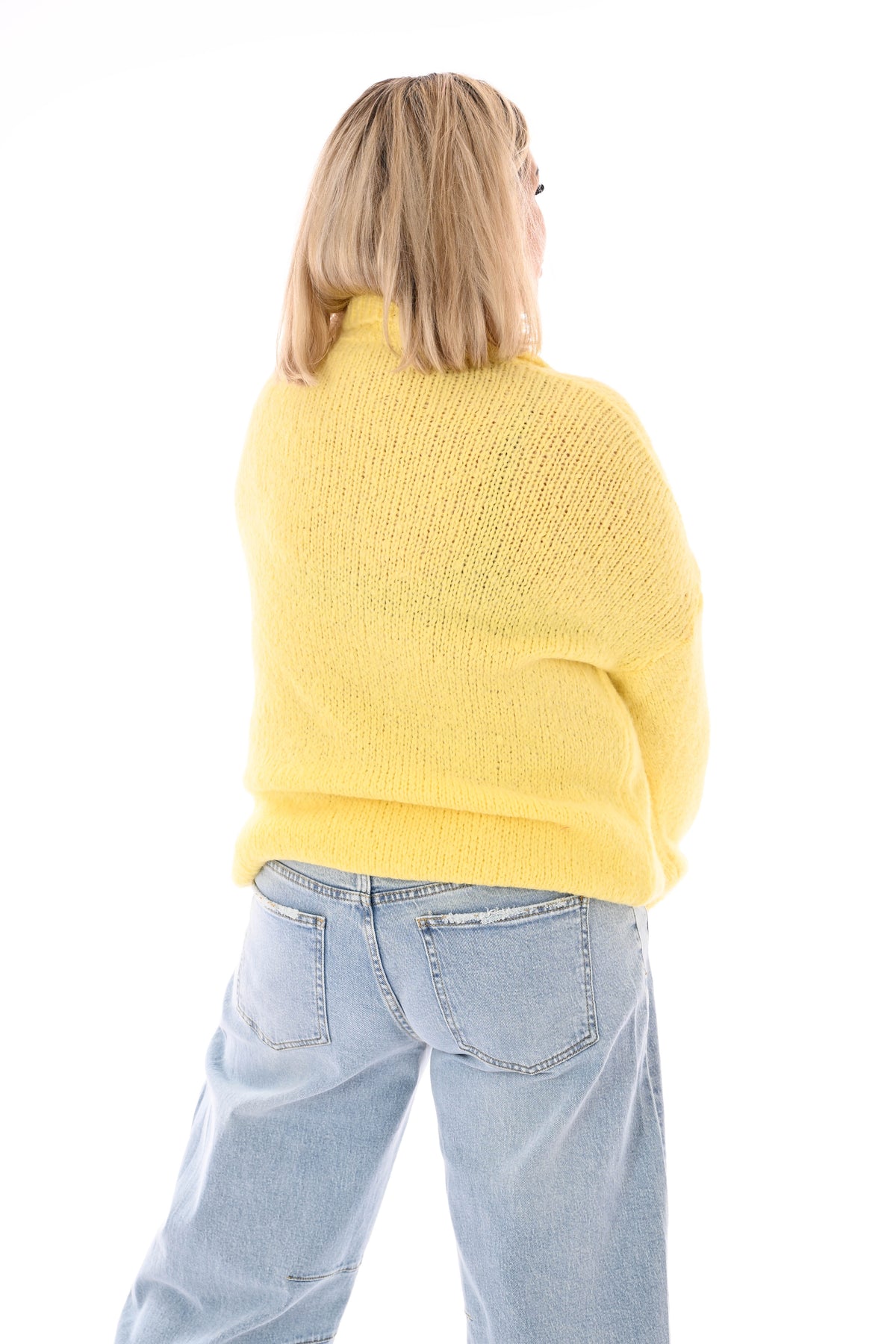 Grof gebreide trui v-hals met applicatie geel