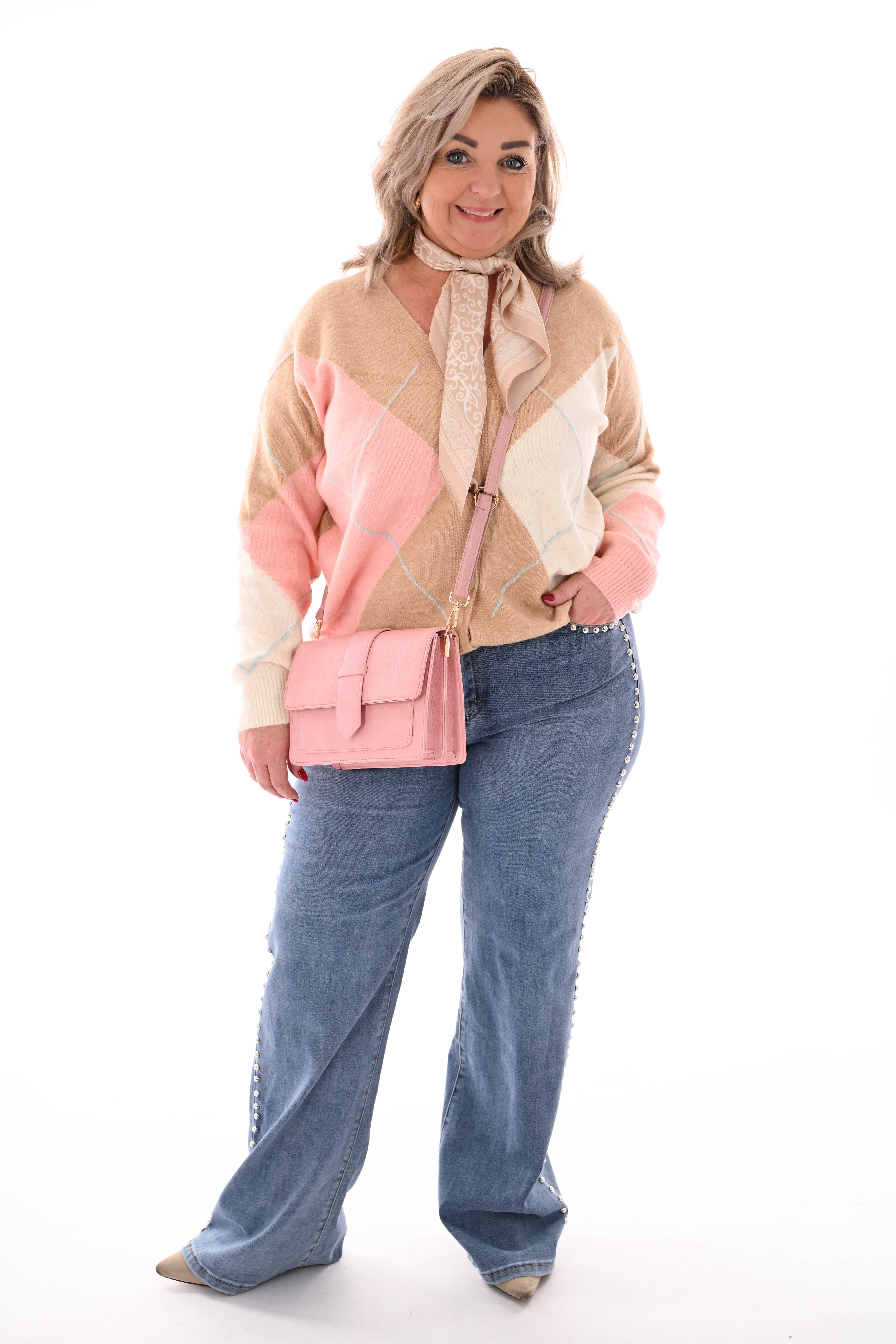 Fijn gebreid vest ruit v-hals camel