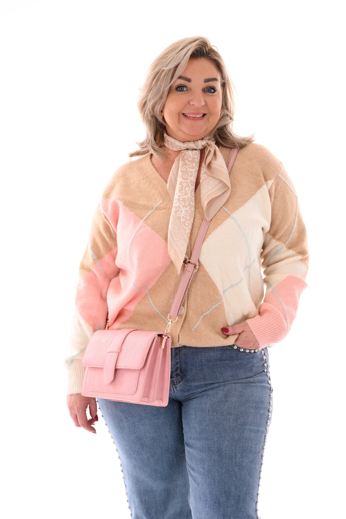 Fijn gebreid vest ruit v-hals camel